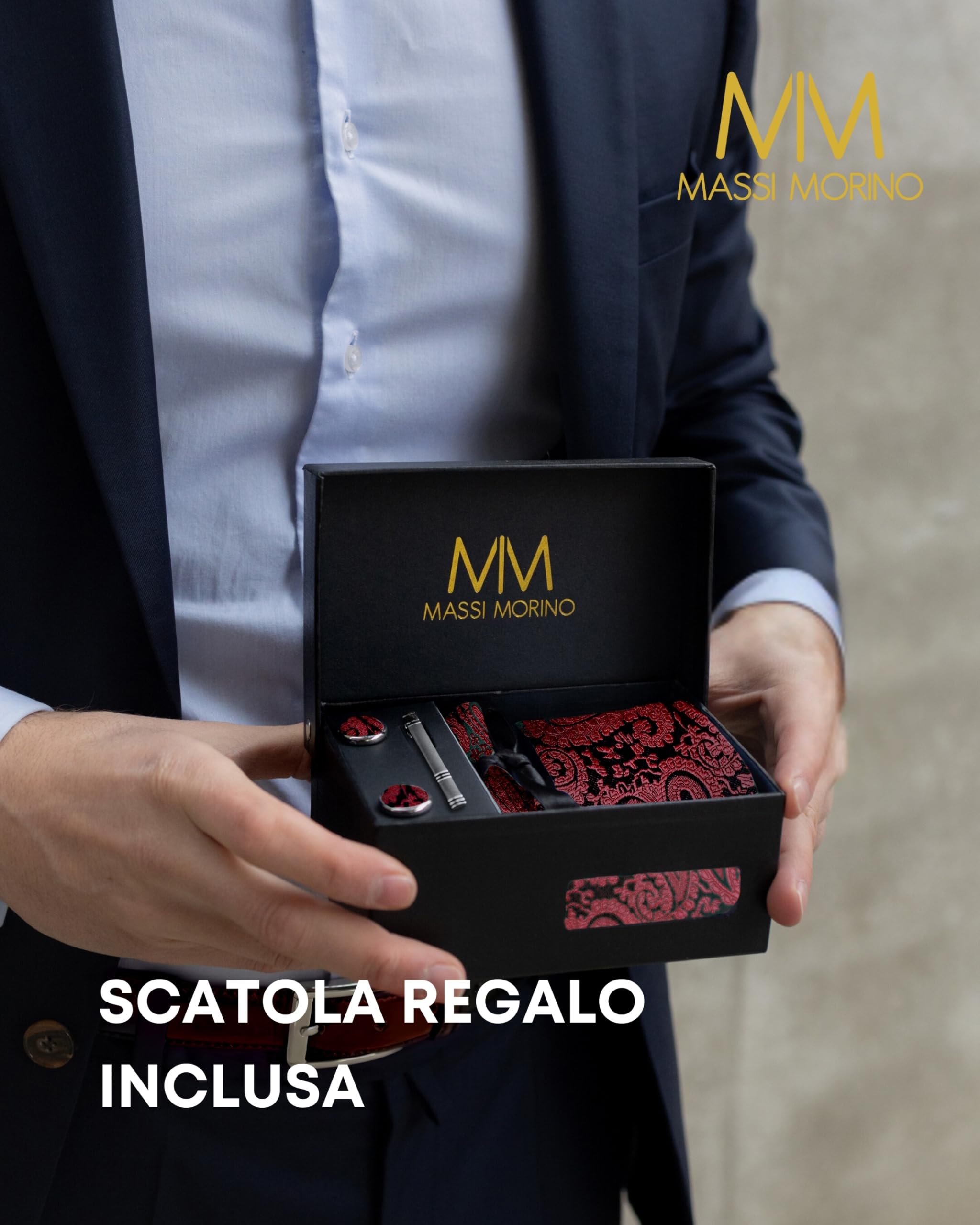 Massi Morino Cravatta e fazzoletto da uomo - con camicia gemelli, parure fermacravatta set I Accessori sposa I Cravatte Elegante Confezione Regalo
