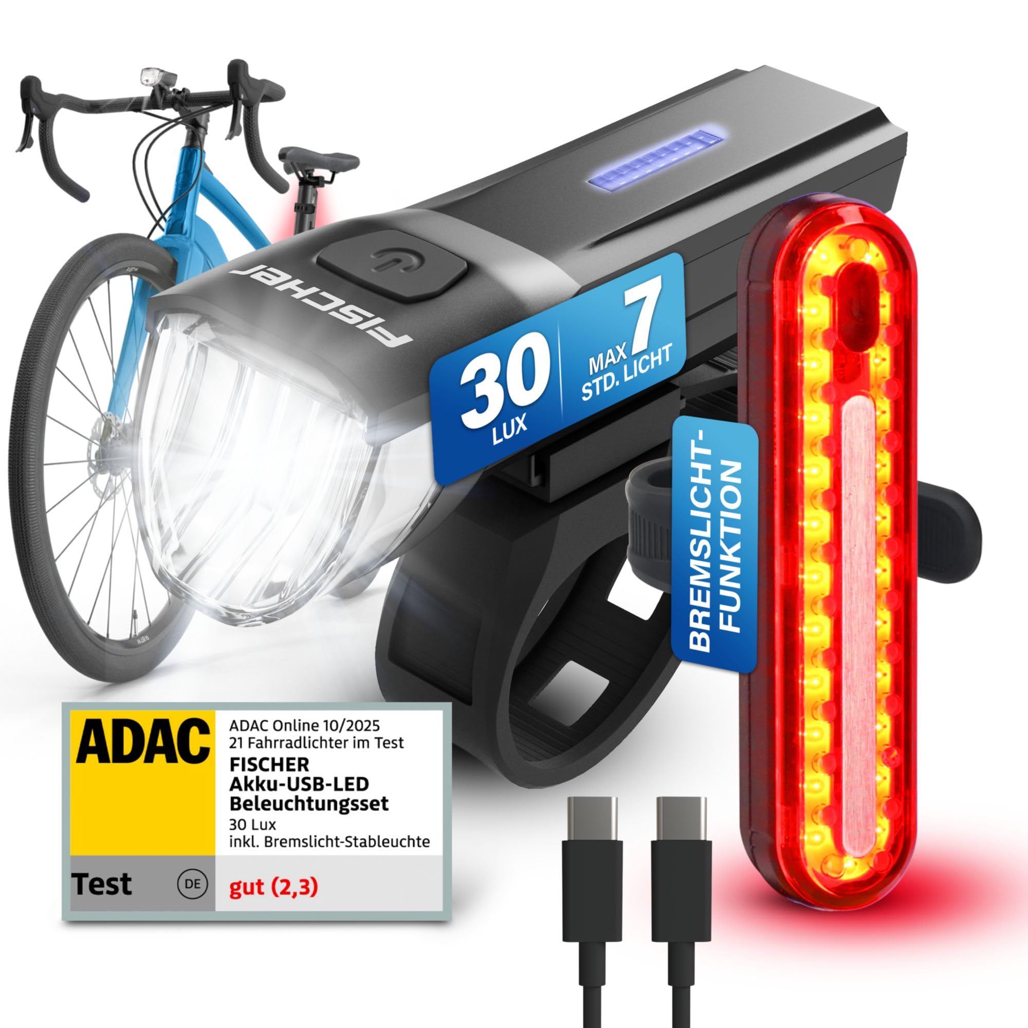 FISCHER Zestaw oświetlenia rowerowego Stop 30/15 Lux ze światłem hamowania, przednie i tylne światło, z akumulatorem i funkcją ładowania USB, 2 funkcje świecenia, ochrona przed pryskającą wodą zgodnie