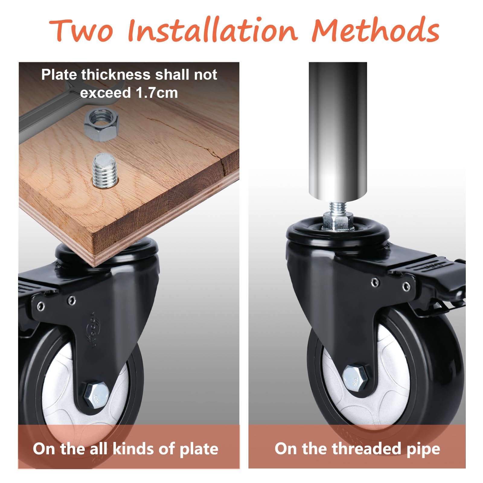YOOGAA Set di 4 ruote girevoli girevoli da 100 mm, con filettatura metrica M10 (diametro bullone 10 mm, lunghezza: 25 mm), ruote in gomma morbida resistente per moquette e pavimenti in legno duro.