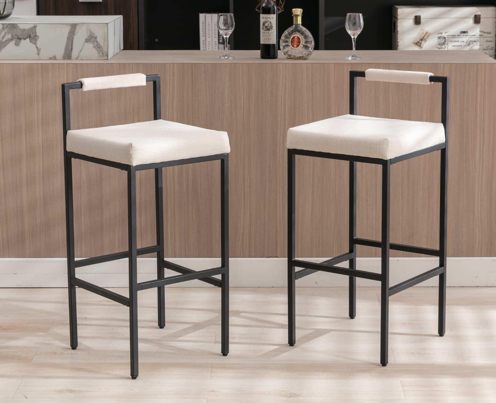 EALSON Modern Bar Stools Set of 2 Linen Upholstered Bar Height Barstools with Low Back and Metal Frame 30 Inch Couter Tall Bar Chairs Industrial Island Chairs for Kitchen/Pub, Beige