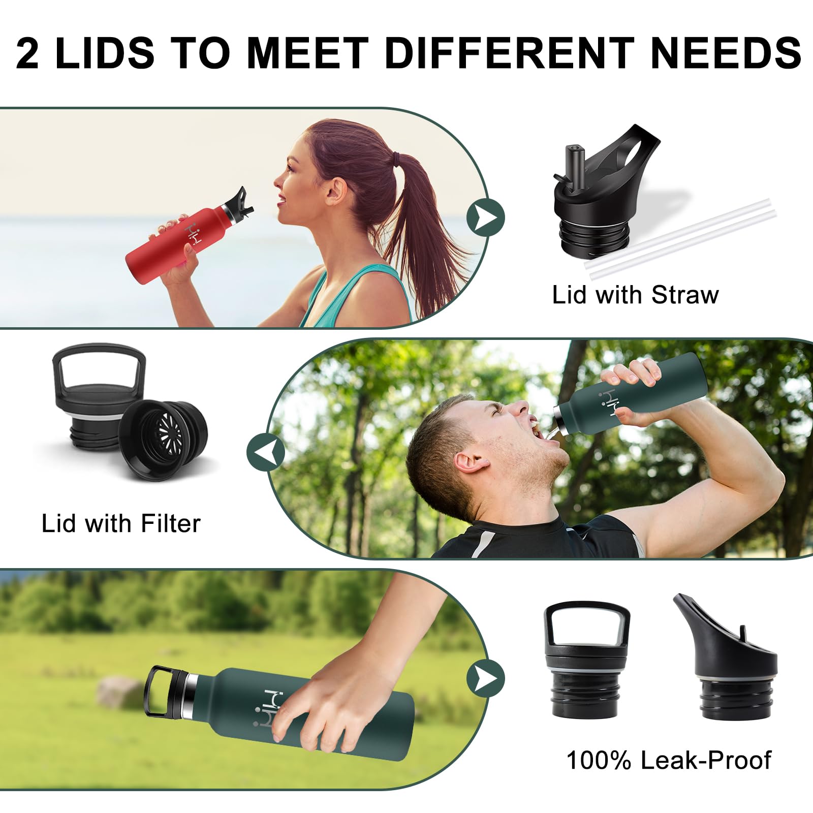 Borraccia Termica, 750ml Borraccia, Senza BPA, Borraccie con Cannuccia, Senza Perdite, Bottiglia Termica, Borraccie Acciaio Inox, Doble Aislamiento, per Trekking, Campeggio, Corsa, Palestra, Verde