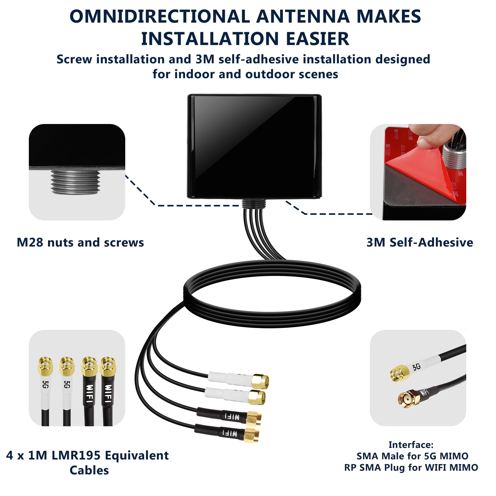 Maswell Antena 5G 4 w 1, 2 x 2 MIMO 5G + 2 x 2 MIMO WiFi 6 Outdoor Omni 600-8000 MHz antena zewnętrzna do WiFi 6E WiFi 7 Cellular 5G 4G + LTE-A, odpowiednik LMR195 wtyczka SMA RP-SMA (Master_Cubic