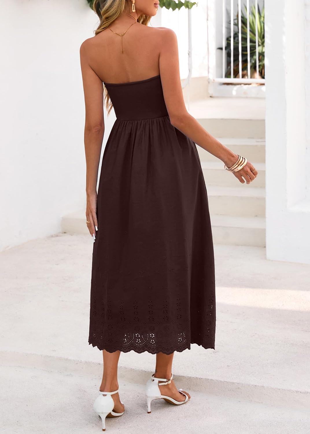 Lazysmile Summer Boho Maxi Dress for Women Strapless Tube Top Lace Trim A Line Beach Casual Long Dress - Image 2