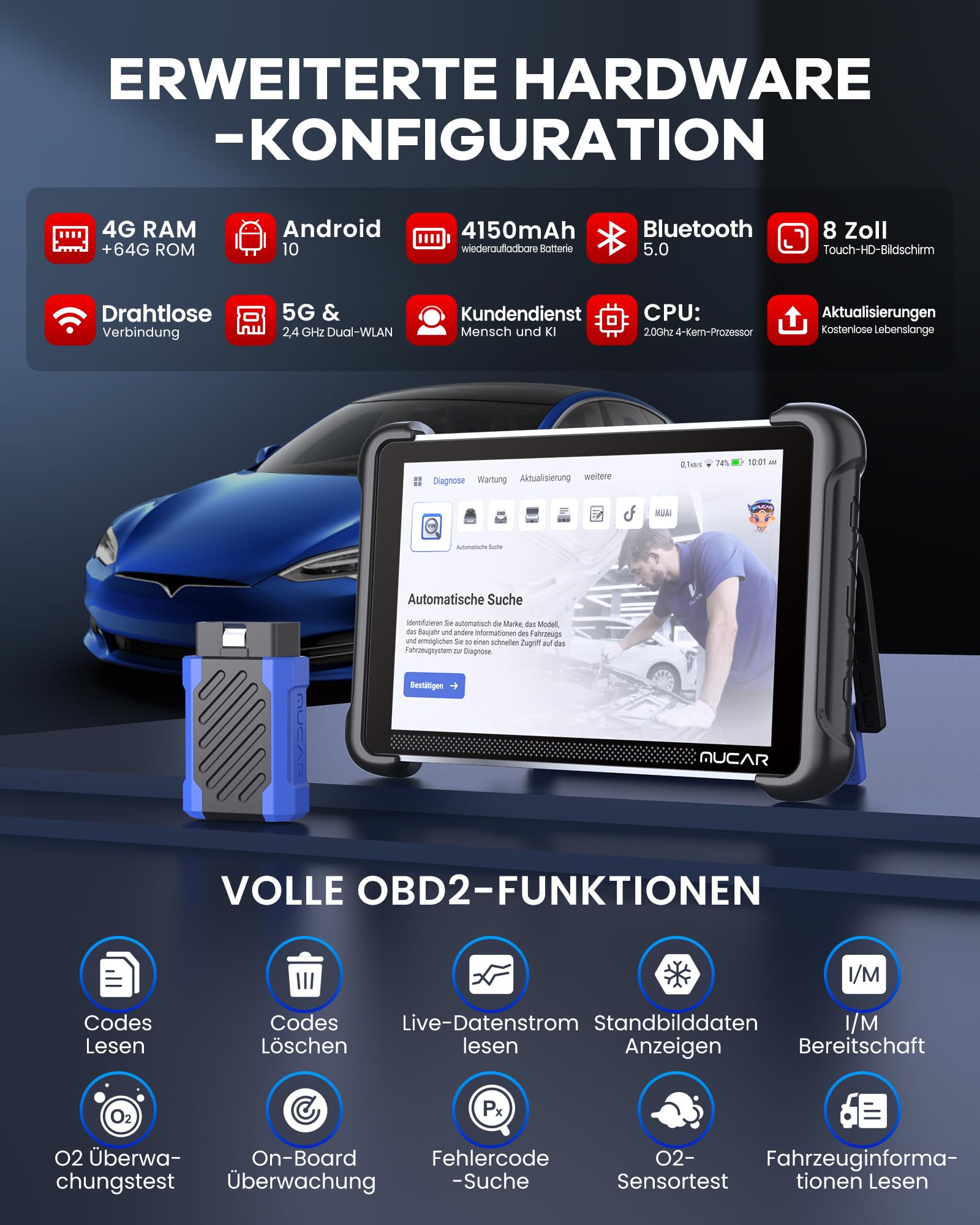 mucar AI-OBD2 Diagnosegeräte, 892BT Diagnosegerät Auto Mit 34 Reset-Funktion Und Volle Systemdiagnose, Auto Diagnosegerät Für ECU-Kodierung/BI Direktionale Steuerung, Kostenlose Lebenslange Updates