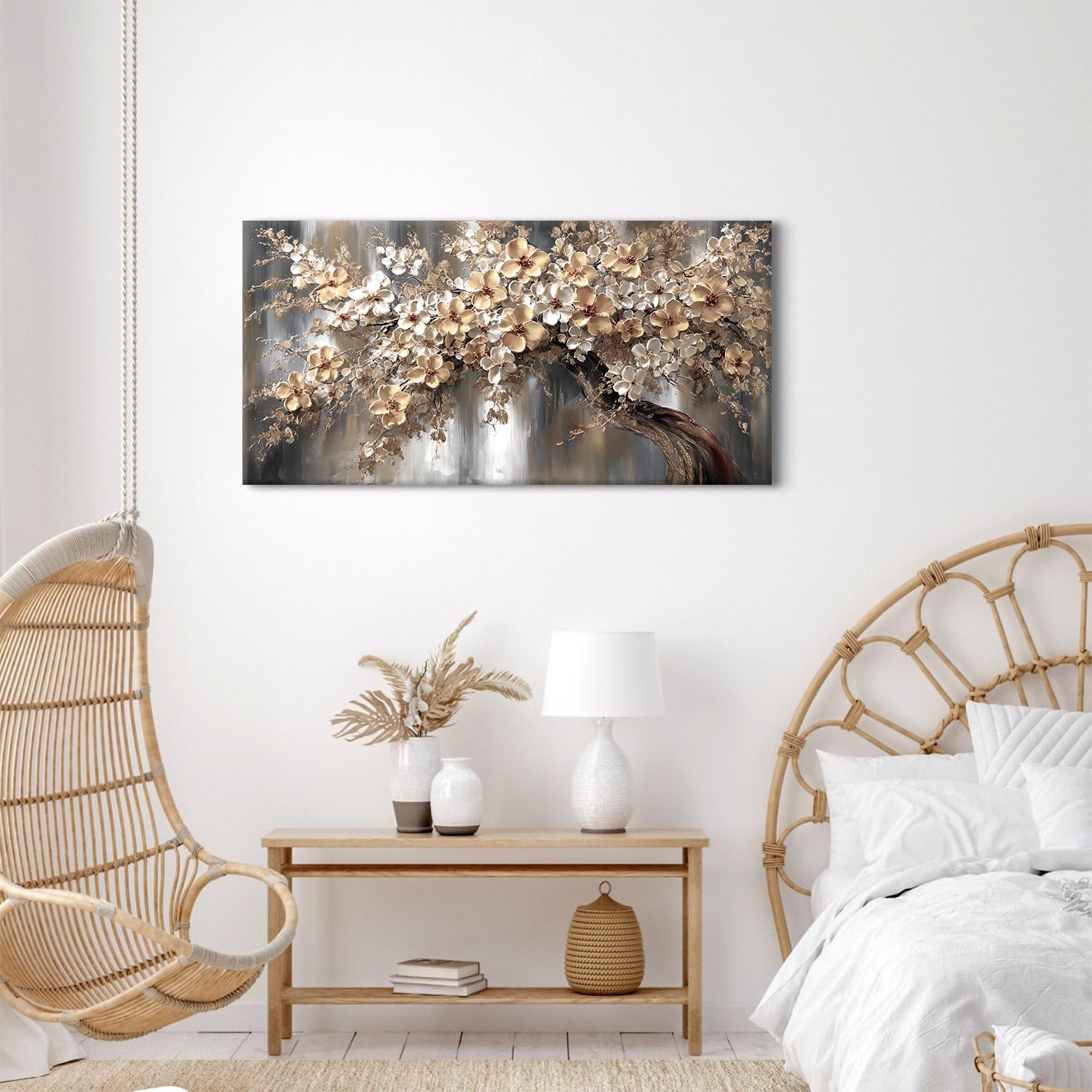 AREBOLO Baum des Lebens Leinwandbild 50x100 cm XL, Vintage Luxus Wanddeko Blumen Natur Wandbilder, Kunstdruck Canvas für Wohnzimmer Schlafzimmer Esszimmer, Weiß Gold Beige Wanddekoration als Geschenk