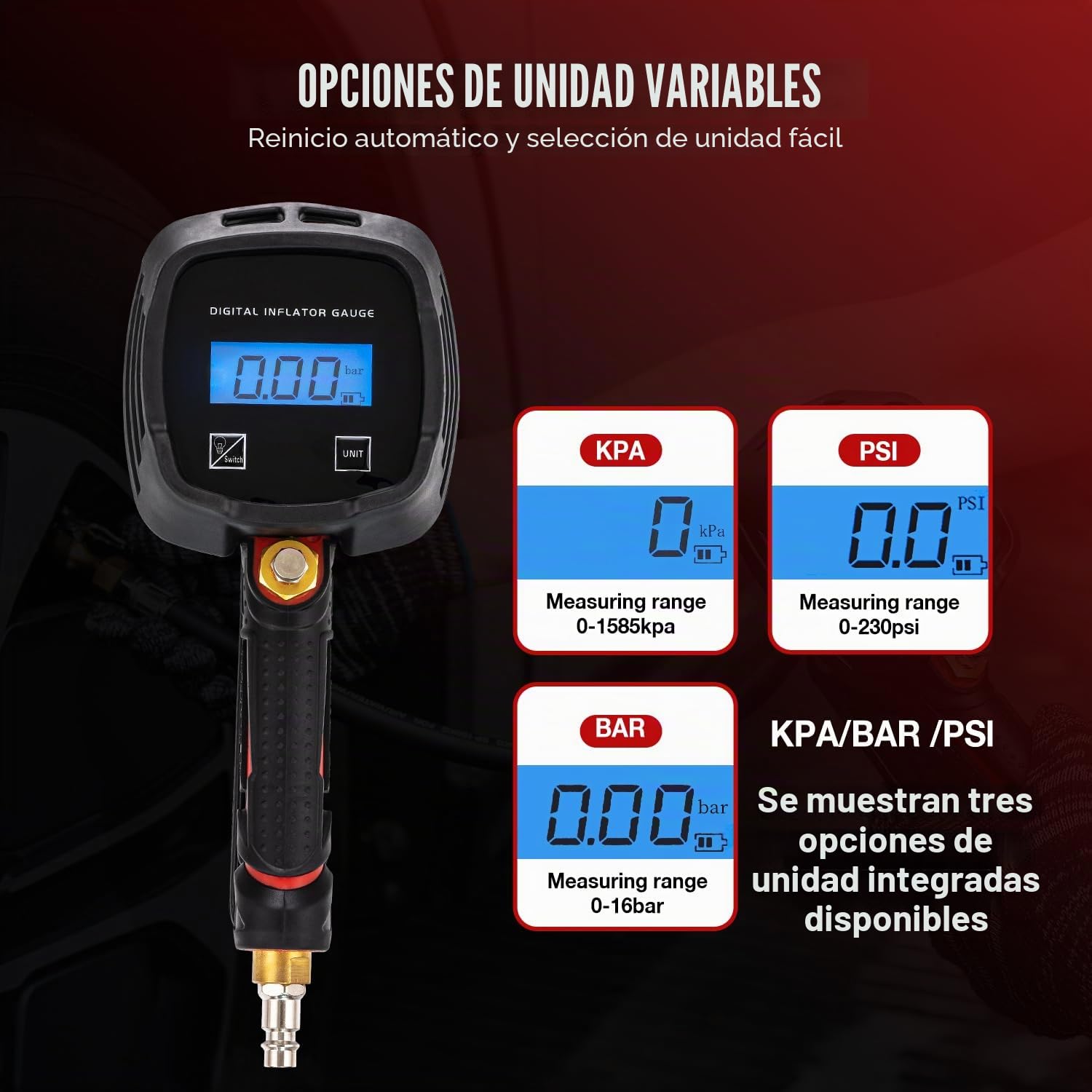 ORAZIO 4 en 1 Manómetro Presión Neumáticos Digital con Pantalla LCD, 230 PSI Pistola de Bomba Inflador de Neumáticos para Vehículos Pesados, Automóviles, Motocicletas y Bicicletas