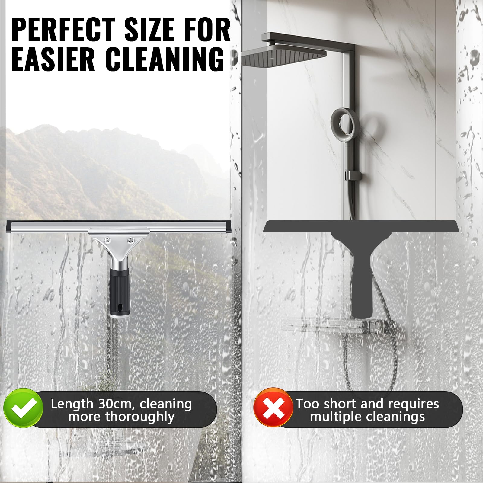 Kasanni Limpiacristales Ducha Profesional 30 cm, Escobilla de Goma para Ventana de Acero Inoxidable para Limpiar y Secar Vidrio, Azulejos, Ventanas, para Eliminar Cualquier Resto de Agua (Negro)