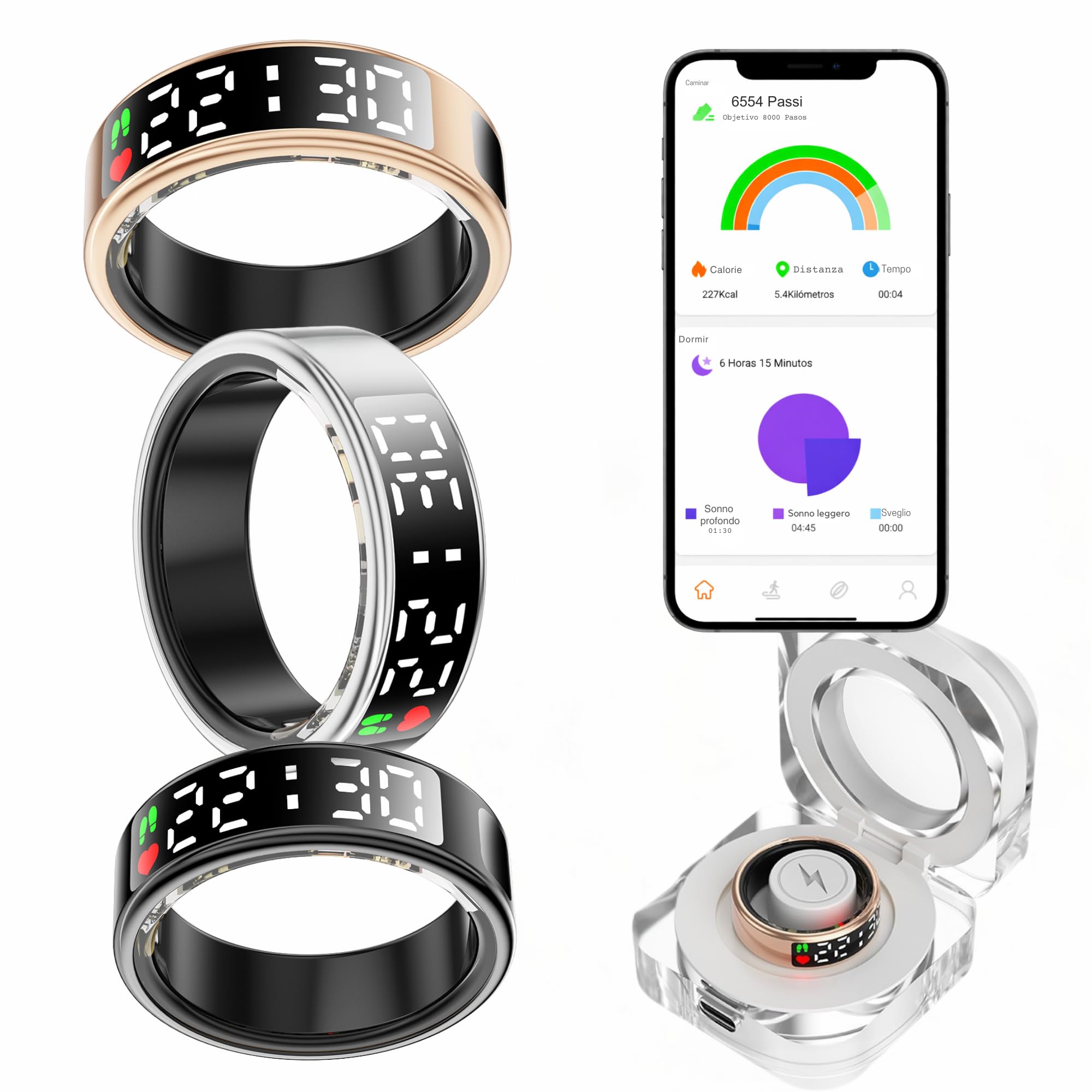 smartia – Anello intelligente con schermo touch, modello 2026 APP inclusa, Ring uomo e donna, anello attività fitness e controllo della salute, monitoraggio del sonno (Oro, 10)