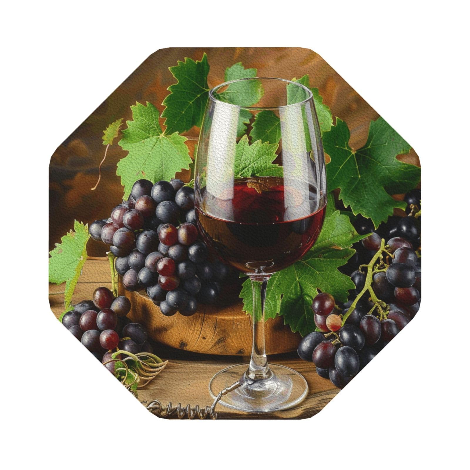 Art Red Wine Galsses & Grapes Print Leather Coaster Set of 6, Octagon Coasters Table Decorative Coffee Cup Beverage Coasters Wine Beer Bar Coasters for Hot Drinks Table Protection