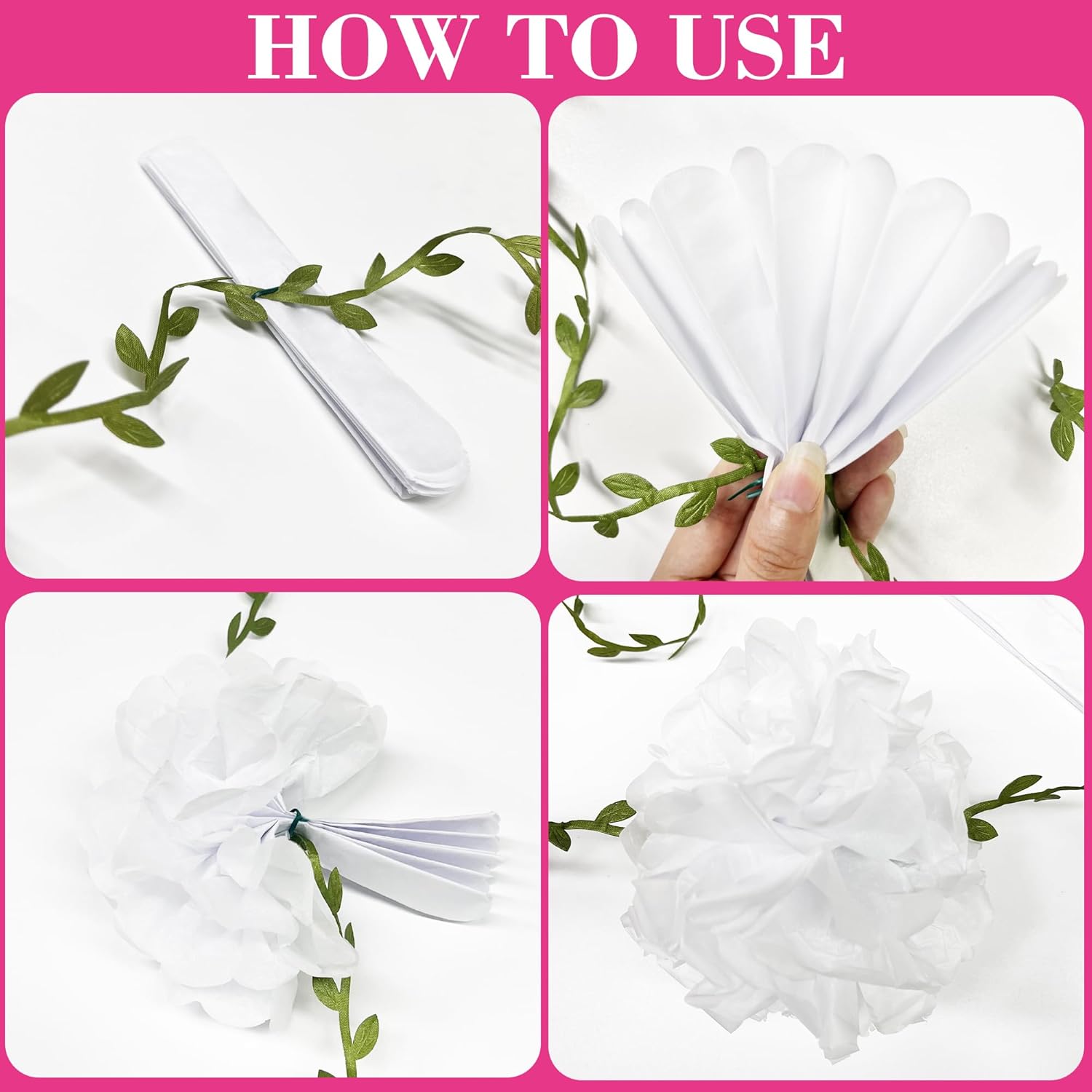 Hot Pink White Party Decorations Ombre Pink White Tissue Paper Flowers Pom Pom Leaf Ribbon Hanging Streamer Garland for Women Girls Birthday Bachelorette Baby Shower Wedding Flamingo Party Supplies - Image 3