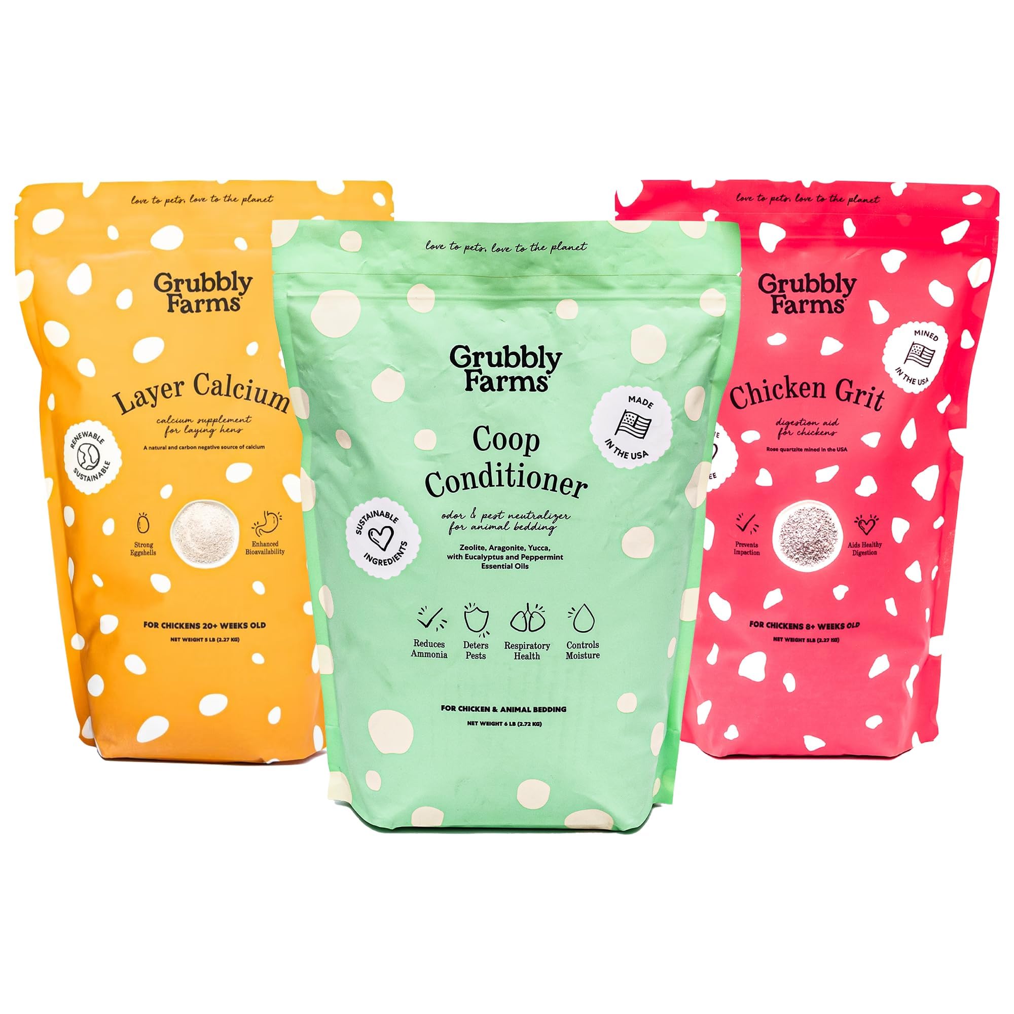 Grubbly Farms Coop Necessities Bundle - Chicken Grit, Layer Calcium &amp; Coop Conditioner - Proper Digestion, Strong Eggshells &amp; Odor Control - Rose Quartz Grit, Aragonite Calcium, Deodorizer