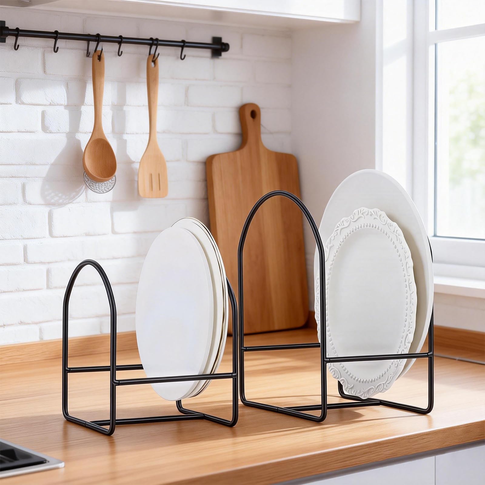6 soportes para platos de cena, organizador de platos de cocina, estante vertical de hierro de 2 tamaños para armarios de cocina, mostrador de armario (3 grandes y 3 pequeños, negro)