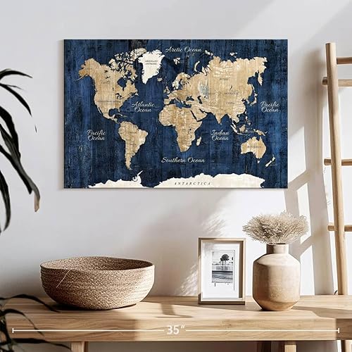 Vista 2 de Elephant Stock Lienzo texturizado de madera con mapa del mundo, 1 panel, decoración de pared de mapa del mundo, decoración de pared de mapa del Mapa