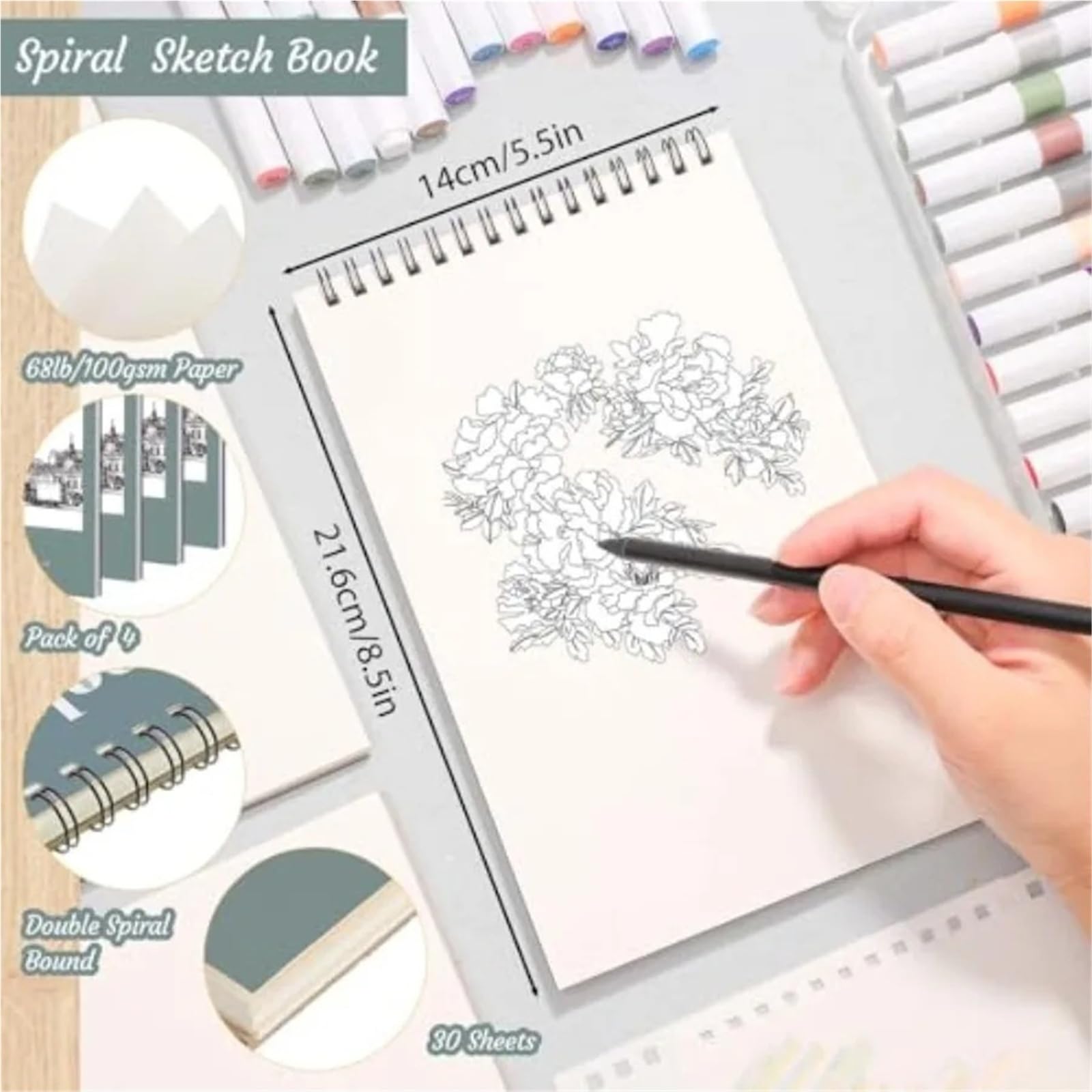 Album Da Disegno Con Rilegatura A Spirale Confezione da 4 piccoli quaderni for schizzi, mini quaderno for schizzi da 5,5 x 8,5 pollici, blocco con rilegatura a spirale da 68 libbre/100 g/m²