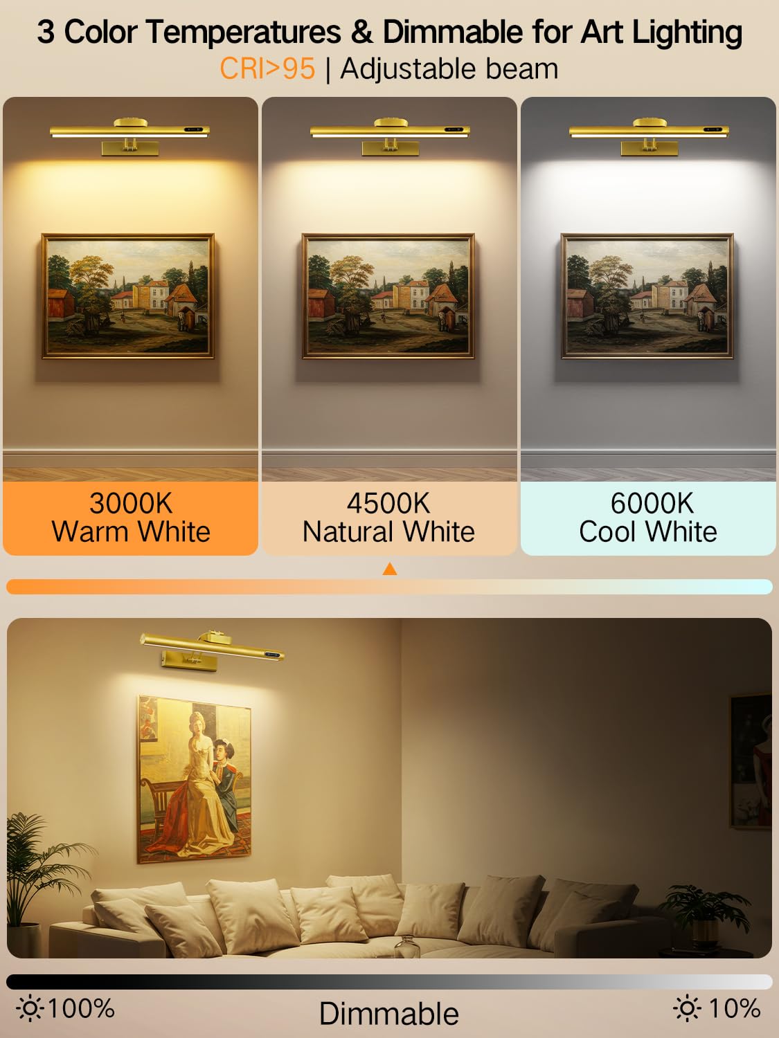 OUTON 40cm Bilderleuchte Kabellos Wiederaufladbar mit Fernbedienung+Touch, LED-Akku-Wandleuchte Bildbeleuchtung, Dimmbar 3-Farb Timer, 4000mAh USB-C-Aufladbar, Wandlampe für Gemälde Spiegel – Gold