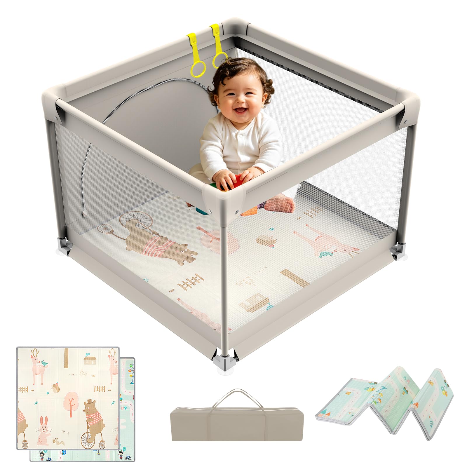 90x90cm Box Bambini con Materassino,Recinto per Bambini con Tappeto Schiuma, Piccolo Box Neonato per Appartamento, Recinto Neonato Centro di Attività Interno ed Esterno