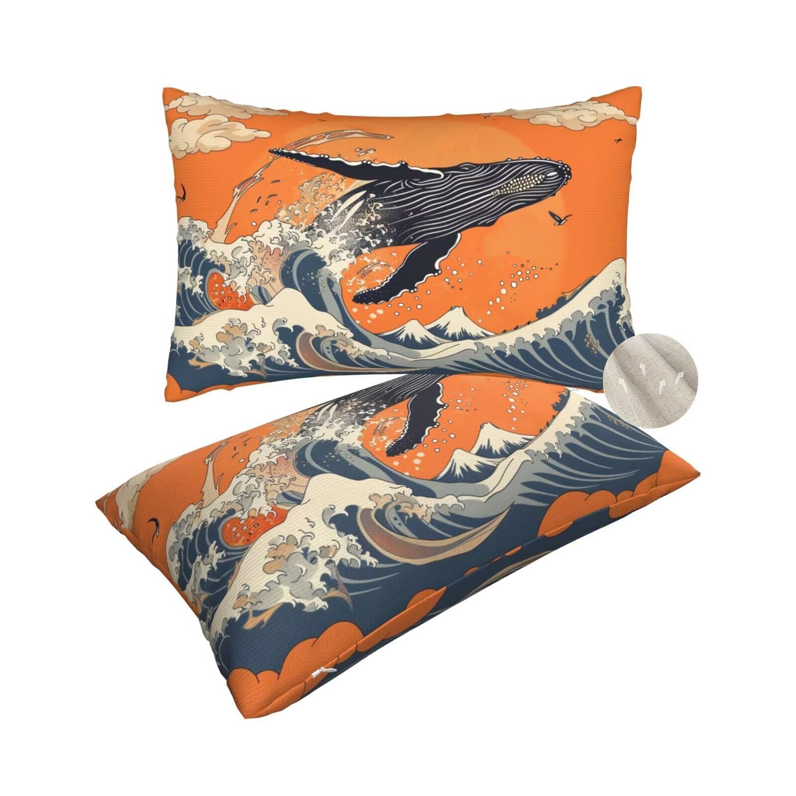 Coussin decoratif 50x80 housse motif baleine et vague rectangulaire