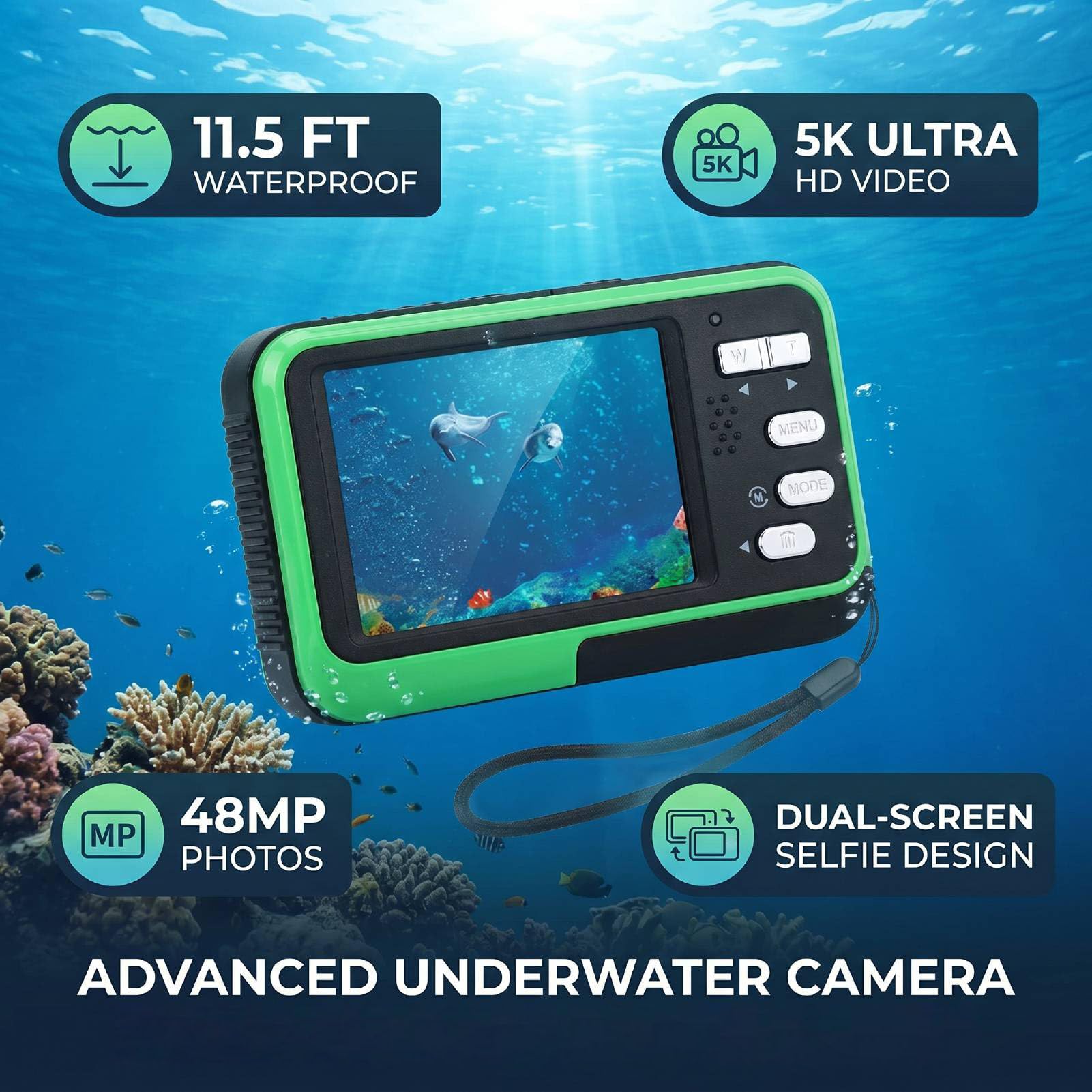 Fabater Cámara Subacuática, Cámara Digital Impermeable 5K 48MP 11.5FT con Tarjeta de 32GB, Enfoque Automático, Pantalla Dual Selfie, Zoom Digital 16X, Luz de Relleno para Snorkel (Green)