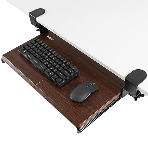 VIVO Small Keyboard Tray, Under Desk Pull Out with Extra Sturdy C Clamp Mount System, 20 (26 Including Clamps) x 11 inch Slide-Out Platform Drawer, Dark Walnut Top, Black Frame, MOUNT-KB05ES-D - Dark Walnut - 20 inch