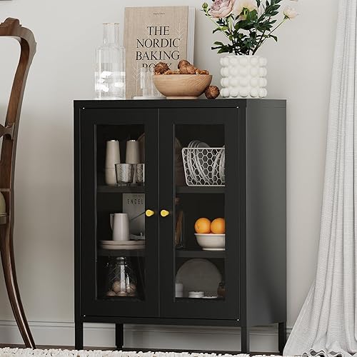 Gabinete de Almacenamiento de Metal para Baño, Gabinete Aparador Negro con Puertas de Vidrio y Estantes Ajustables, Pequeños Gabinetes de Metal para