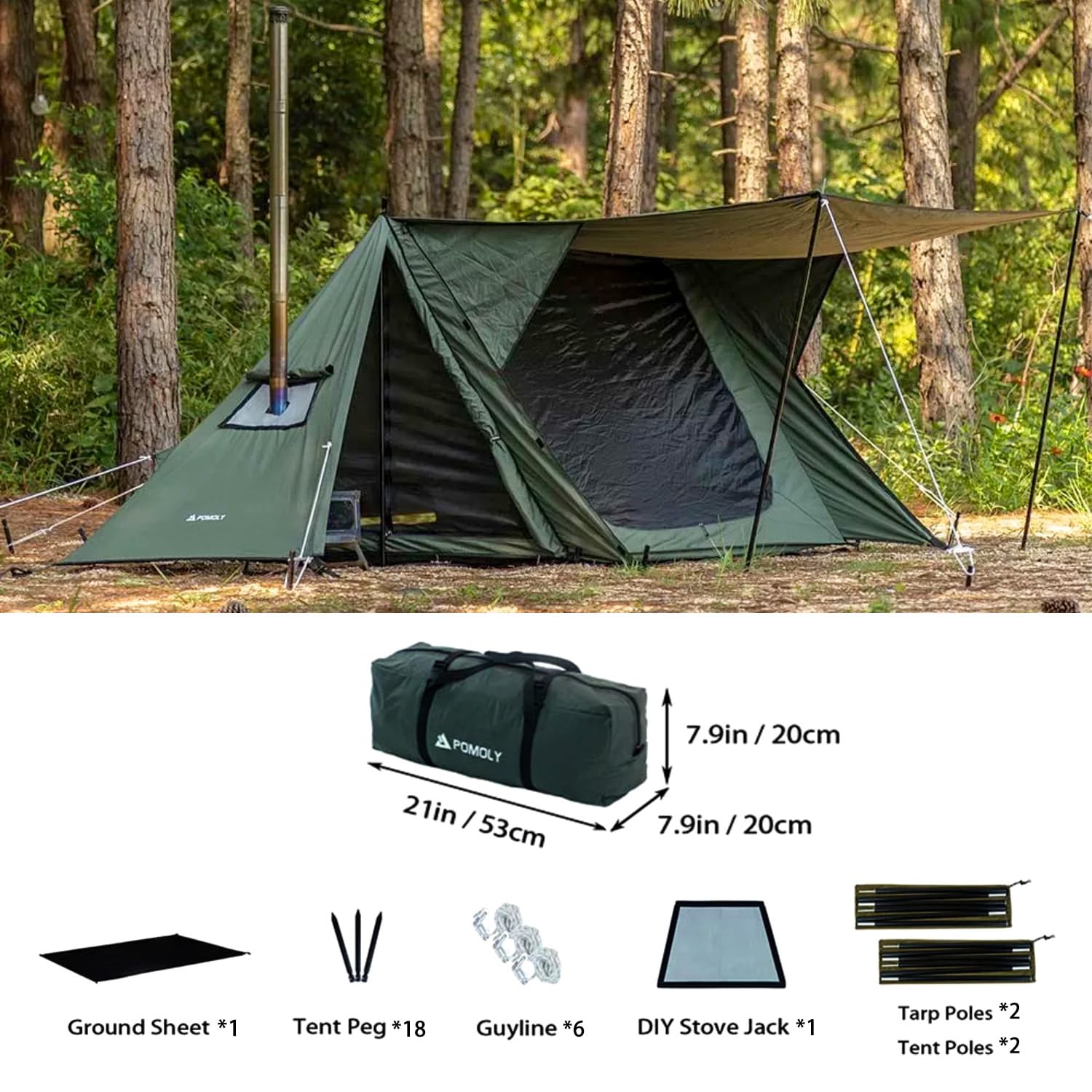 Tente de Camping Chaude avec poêle, abri de cheminée POMOLY STOVEHUT Green TC pour la Chasse, la randonnée