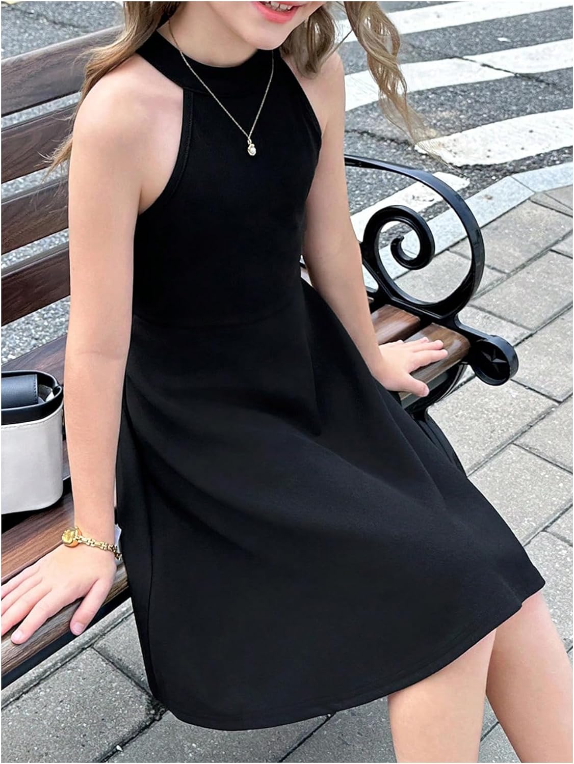 OYOANGLE Girl's Cute Ruffle Halter Dress Keyhole Back Sleeveless Flared Short Dresses