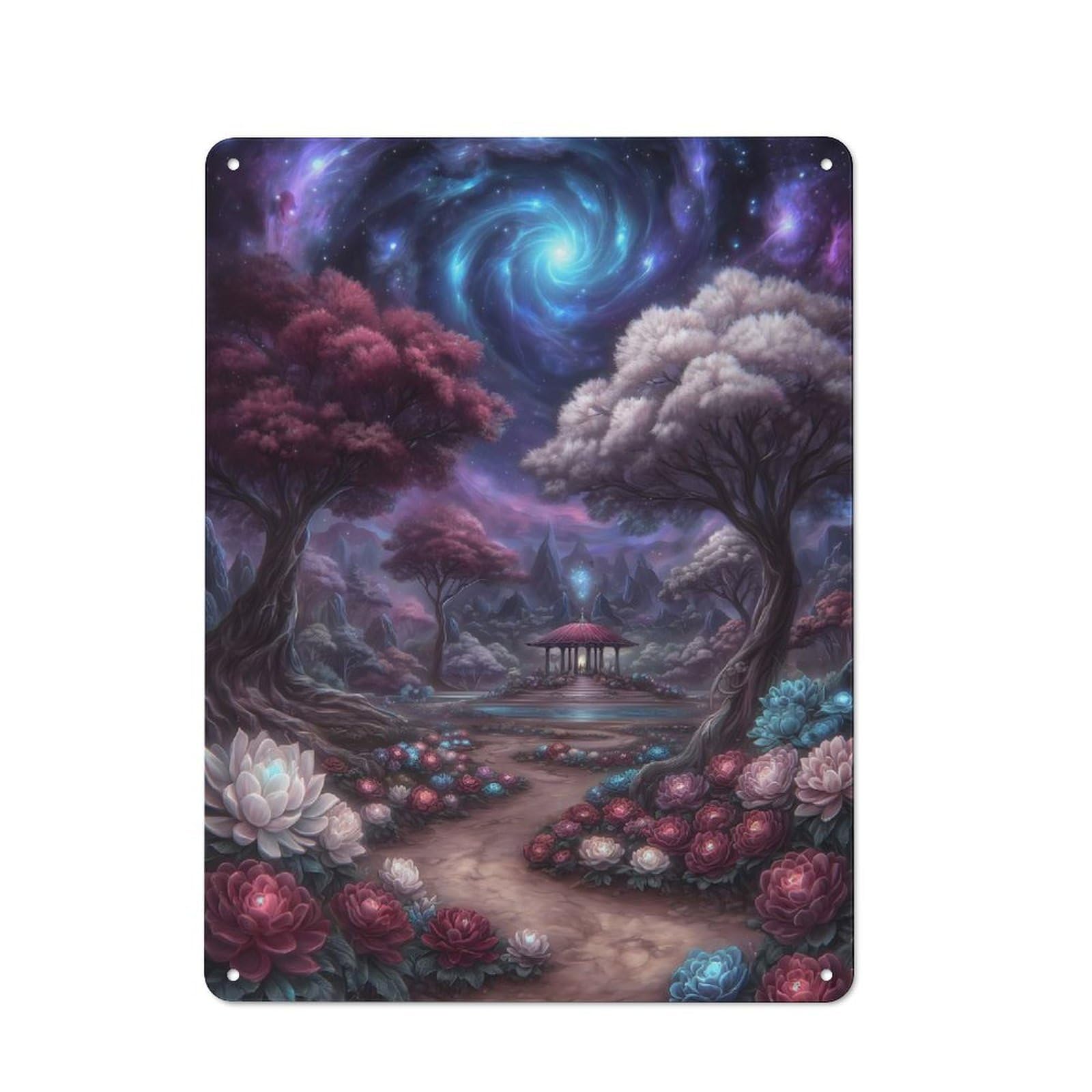 Junmoney Fantasy Garden With Cosmic Sky Simple Retro Tin Sign 40X30cm, Study Room Decor For Home Office, Reading Corner Or Bedroom