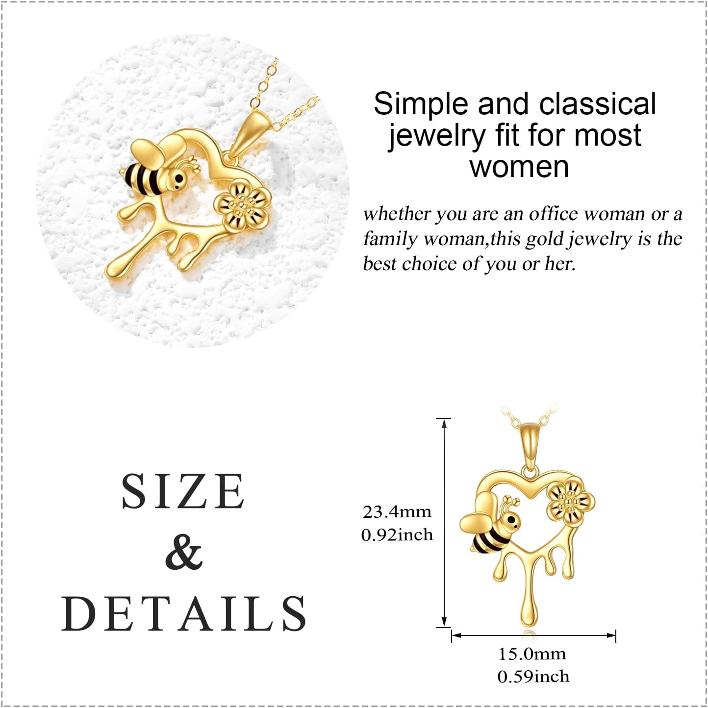 KECHO Gold Bee Necklace Gifts for Mom Women 14k Yellow Gold Honeycomb Honey Bee Pendant Necklaces Love Heart Jewelry Gifts for Women Her Wife