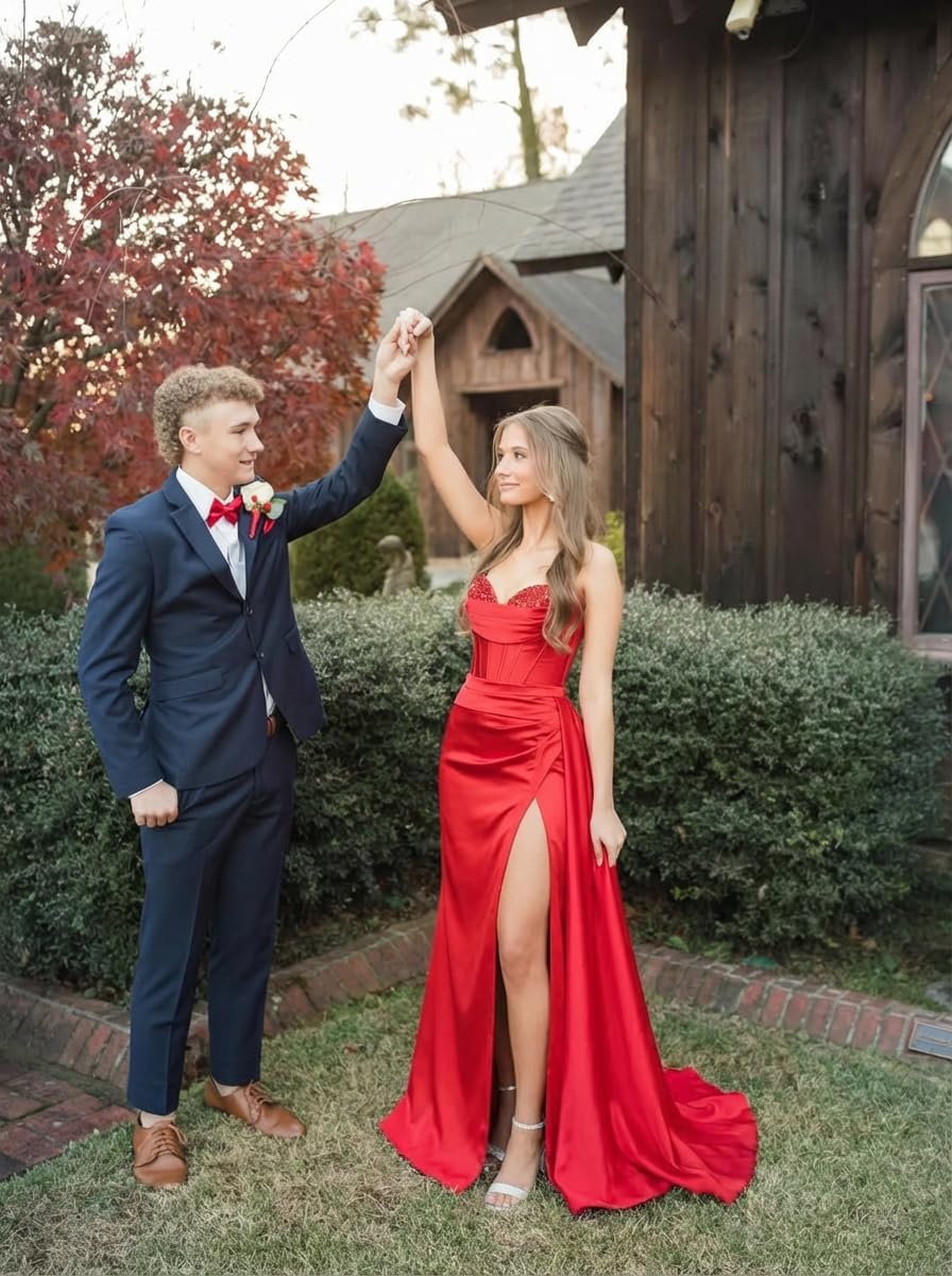 Glitter Strapless Prom Dresses for Teens 2026 Long Satin Bridesmaid Dress Mermaid Pageant Party Gowns with Slit KO062