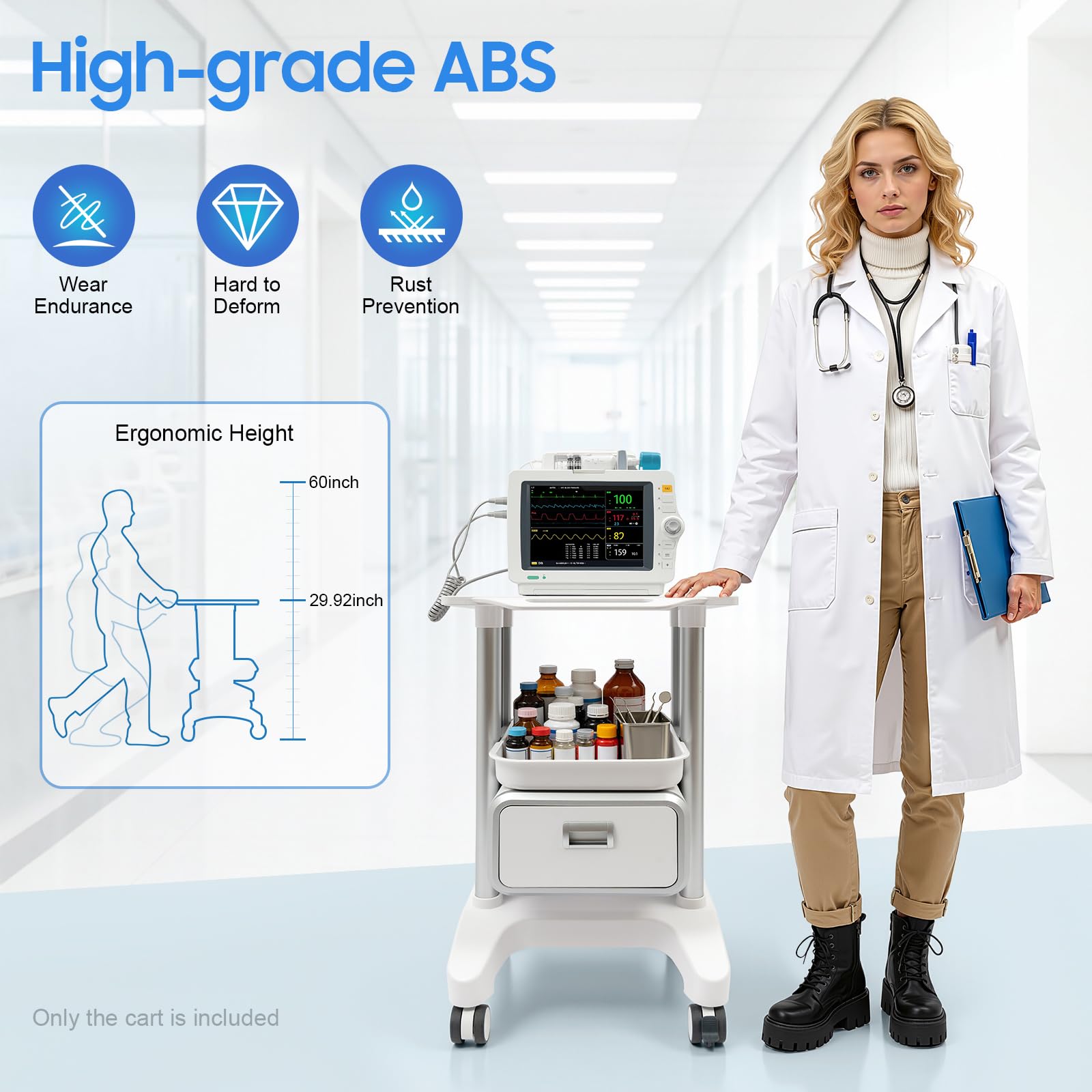 Carrello da laboratorio, carrello medico, carrello cosmetico con 1 cassetto e ripiano superiore, carrello da laboratorio arrotolabile, materiale ABS, multifunzione, per laboratorio, clinica, ospedale