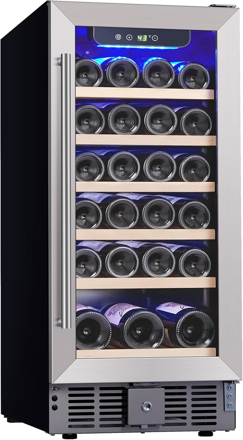 GarveeHome 15 Inch Wine Fridge Under Counter, 30 Bottles Wine Cooler Refrigerator with 40~60°F Digital Temperature Control, Safety Lock, All Wood Removable Shelves, Stainless Steel+Glass Door GarveeHome 15 Inch Wine Fridge Under Counter, 30 Bottles Wine Cooler Refrigerator with 40~60°F Digital Temperature Control, Safety Lock, All Wood Removable Shelves, Stainless Steel+Glass Door