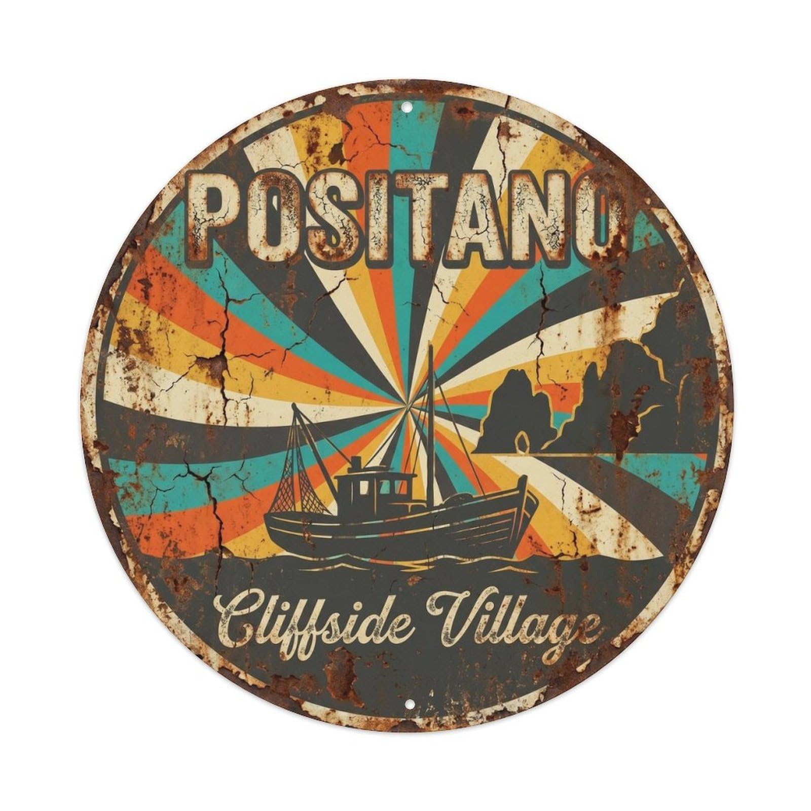 Travel Medallion Positano Retro Amalfi Riviera Coastal Metal Tin Sign Plaque Wall Decor for Cafe, Man Cave, Club Bar, Office, Home Garden Round Metal Poster 8x8Inch
