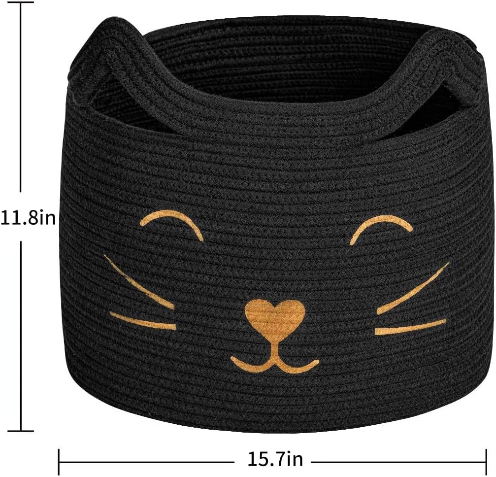Large Woven Cotton Rope Storage Basket, Baby Laundry Basket Organizer for Toys, Blanket, Clothes, Towels, Gifts | Pet Gift Baskets for Cat, Dog - 15.7" L×11.8" H, Black