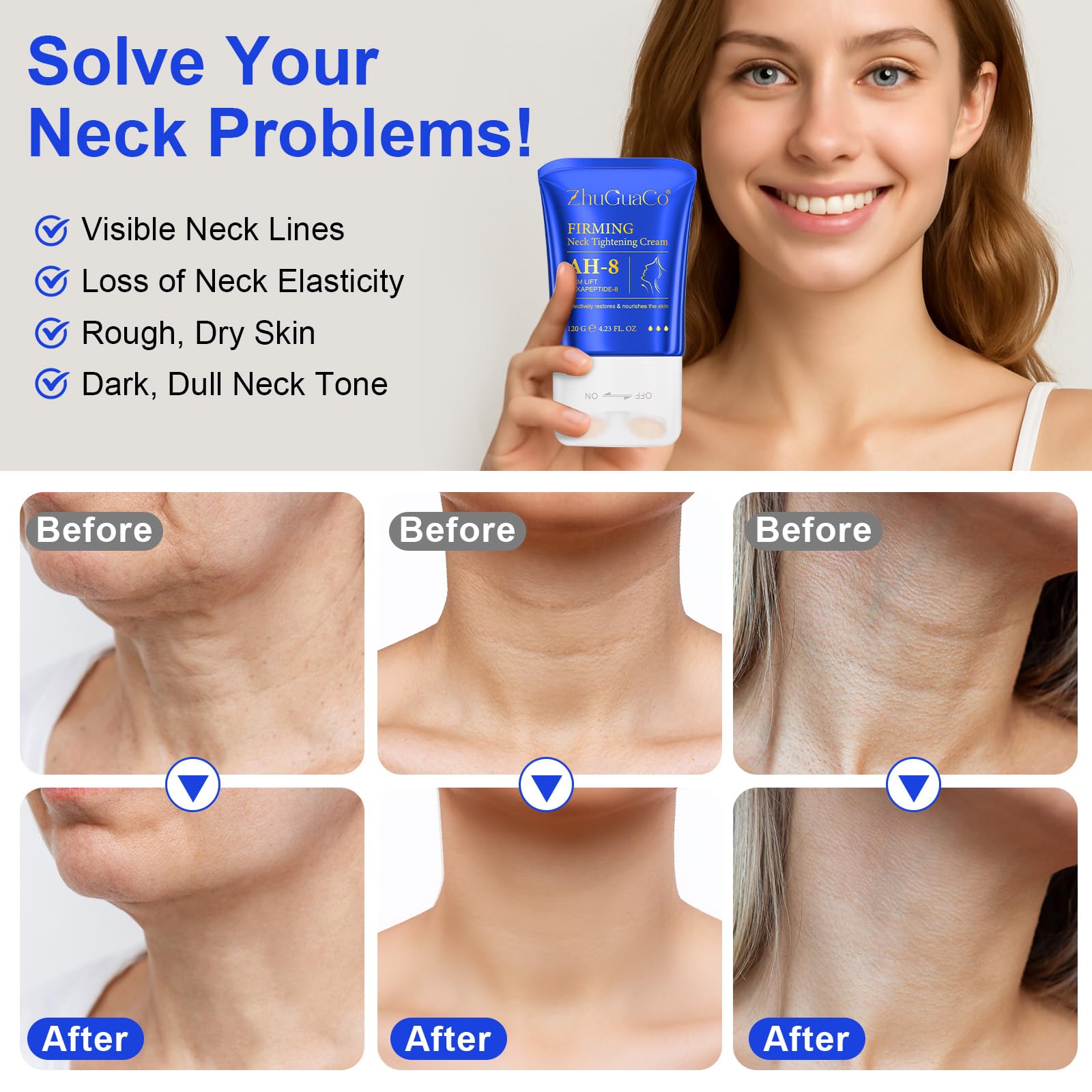 AH-8 Crema Rassodante per il Collo,120g Crema Rassodante per il Collo all'Esapeptide con Rullo, Idratante, Anti-Rughe, Riduce Rughe, Linee Sottili e Doppio Mento, Effetto Liftante