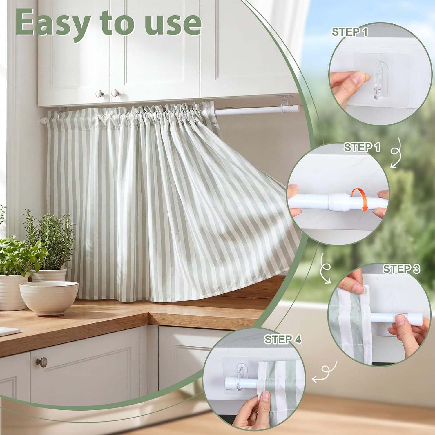 Dishwasher Curtains, Cabinet Curtains with Rod, 28" W x 51" L Textured Strip Linen Sink Skirt for Kitchen with Telescopic Rod and Clamp, Window Curtain, Dishwasher Hidden for Bathroom