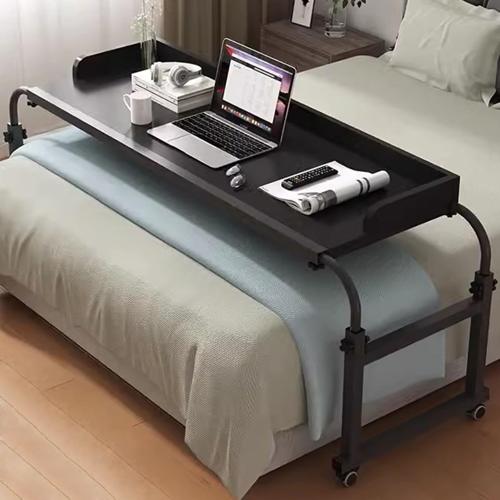 Mesa Auxiliar móvil para Cama, mesita de Noche con Ruedas y Altura Ajustable, Mesa médica con Ruedas, Escritorio portátil para Bandeja de Comida, Mesa Auxiliar para Cama tamaño King.