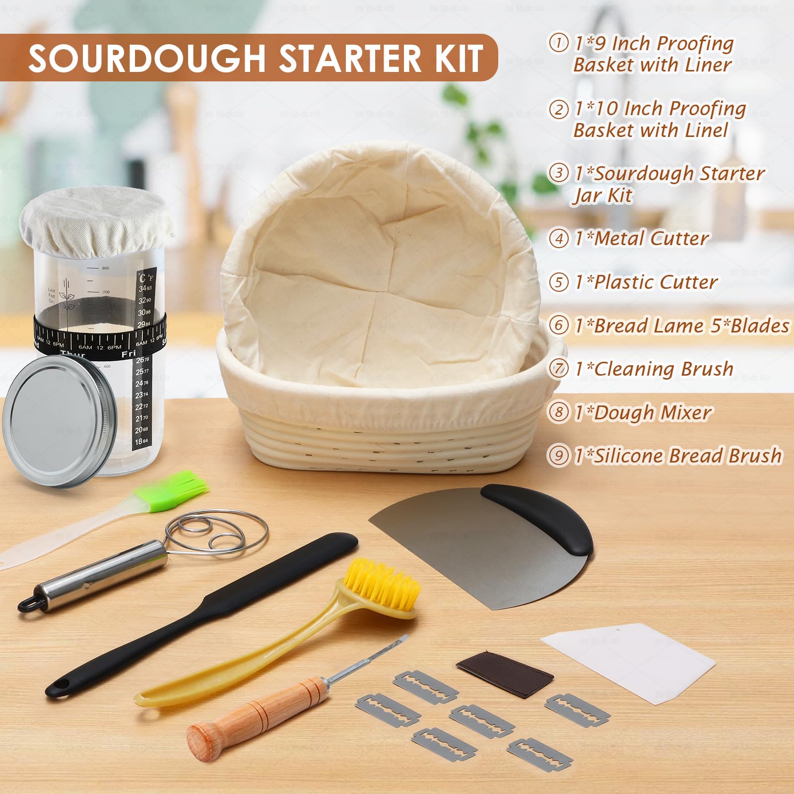 Set di 2 cestini per la lievitazione del pane Soudough Banneton, set di 2 cestini rotondi da 22,9 cm e 10 bastoncini ovali, kit per principianti con lievito naturale da 963,9 g, raschietto per impasto
