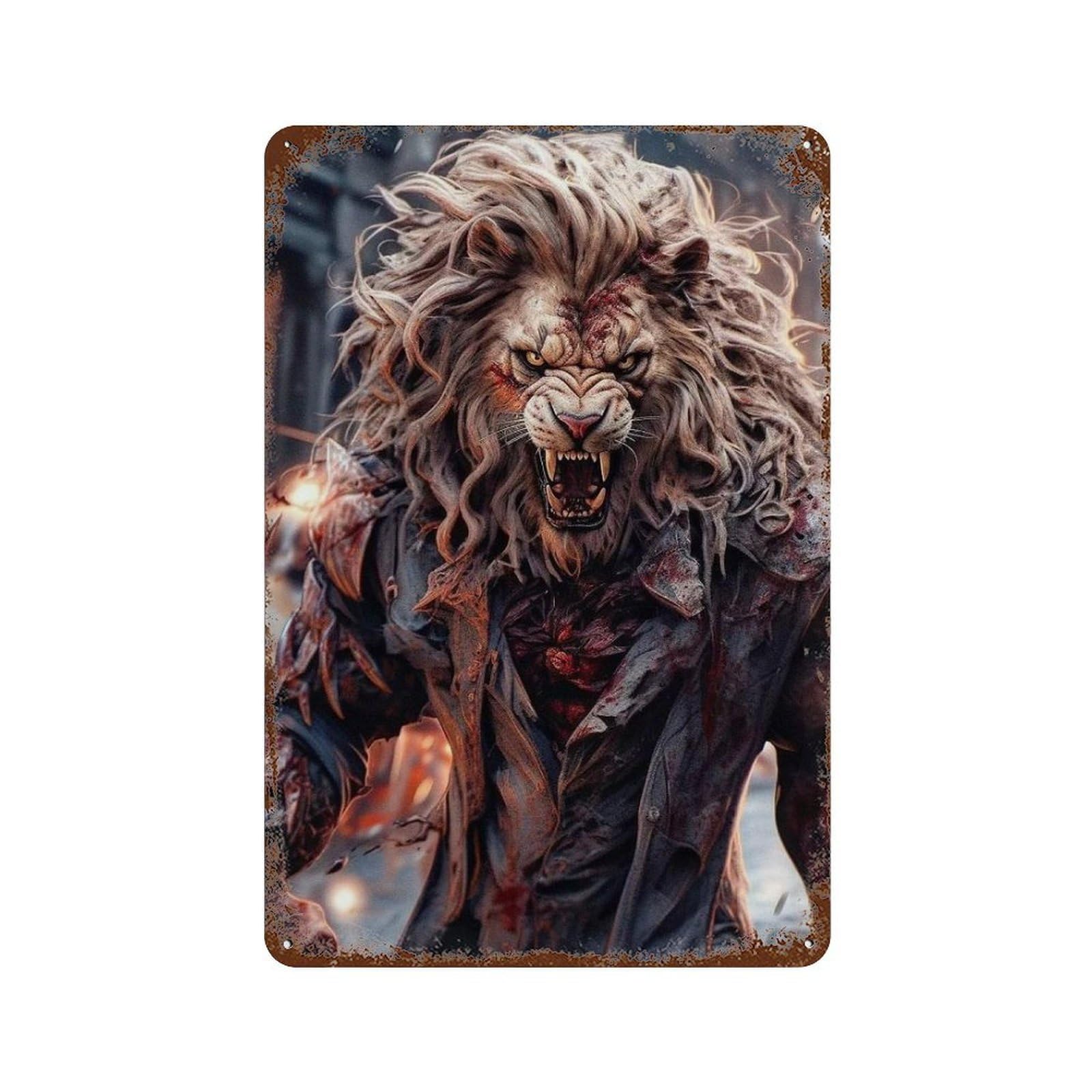 Zombie Lion Attacker Aged Metal Wall Plaque 11.8"x7.9", Classic Wall Plaque for Garage, Pub Or Kitchen