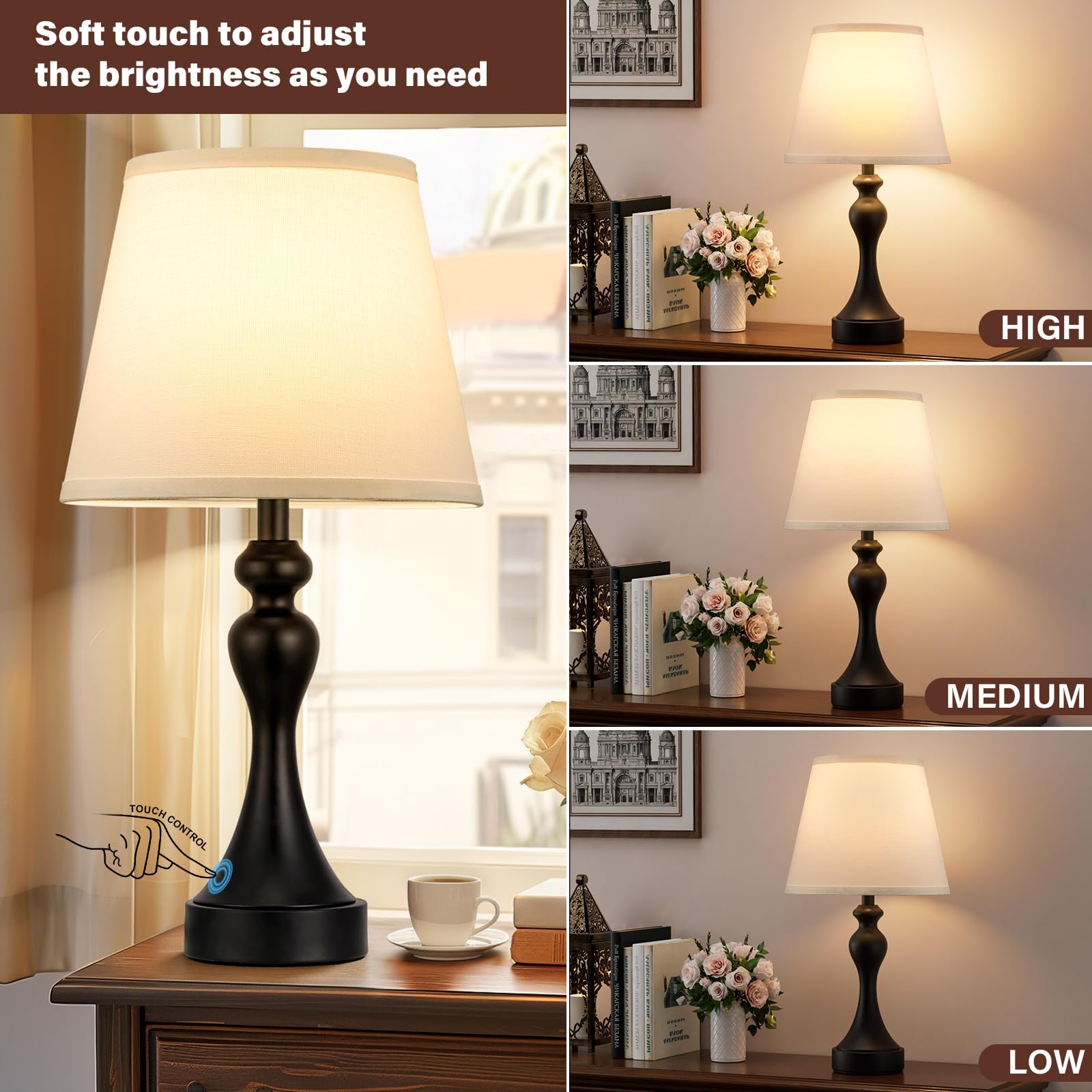 Seealle Touch-Lampen für Nachttisch - Nachttischlampen 2er Set, 3-Wege-Dimmbar, USB C + A für Schlafzimmer & Beistelltische (Weiß & Schwarz)