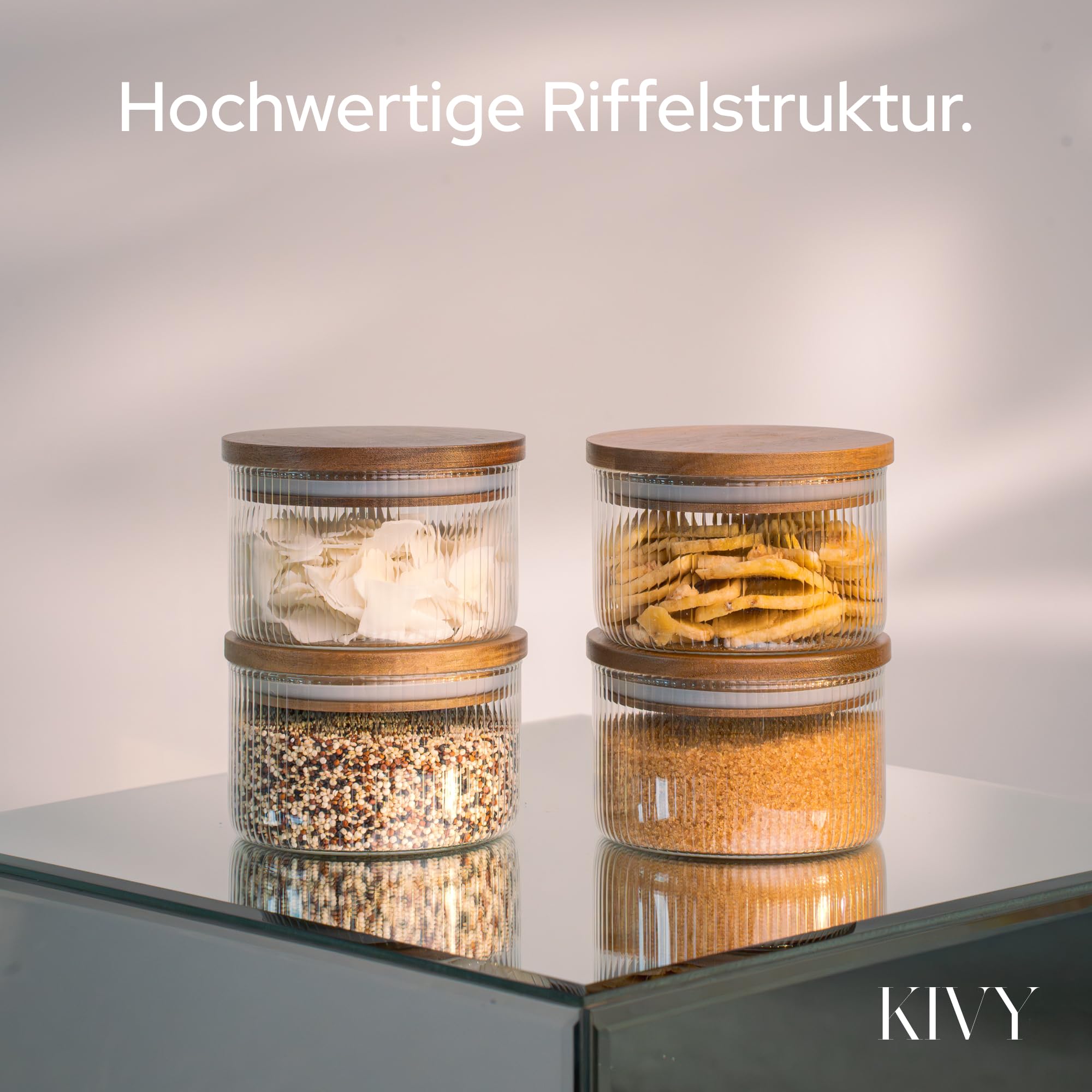 KIVY Riffel Voorraadpotten met deksel, luchtdicht, 3 x 1200 ml, glazen voorraaddozen met deksel, glazen container met deksel, muesliopslag keuken, voorraadpot met houten deksel, voorraadpot van glas