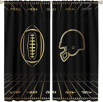 American Football Sports Game Rod Pocket Blackout Curtains for Living Room,Noise Reduction Abstract Black Gold Football Helmet Design Window Treatment Drapes,2 Panels 45L x 21W