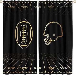 American Football Sports Game Rod Pocket Blackout Curtains for Living Room,Noise Reduction Abstract Black Gold Football Helmet Design Window Treatment Drapes,2 Panels 45L x 21W