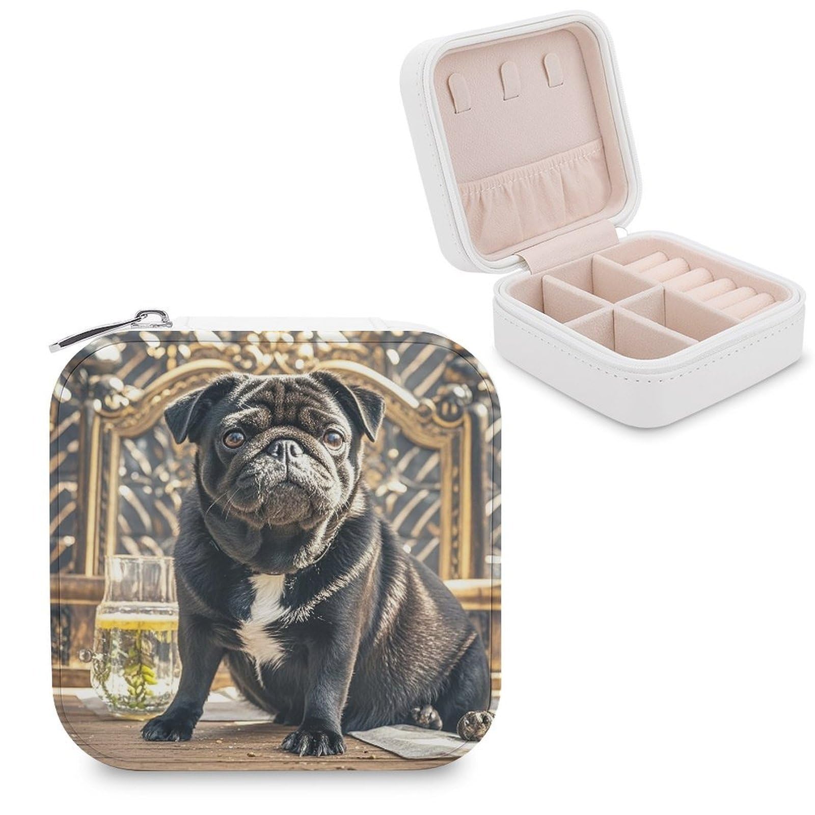 LZQPOEAS Cute Black Pug Dog Jewelry Box Mini Jewelry Travel Case Trendy Stuff Ring Box Custom PU Leather Jewelry Boxes Portable Jewelry Case Earring Storage Organizer for Girls Women
