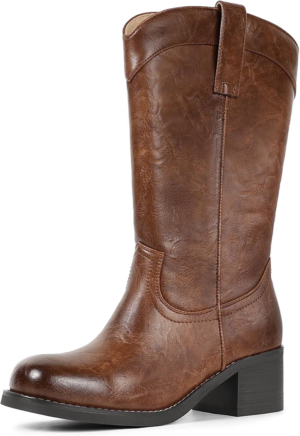 Women's Mid Calf Boots with Zipper, Square Toe Chunky Block Low Heel Riding Cowboy Boots for Women Casual Fashion