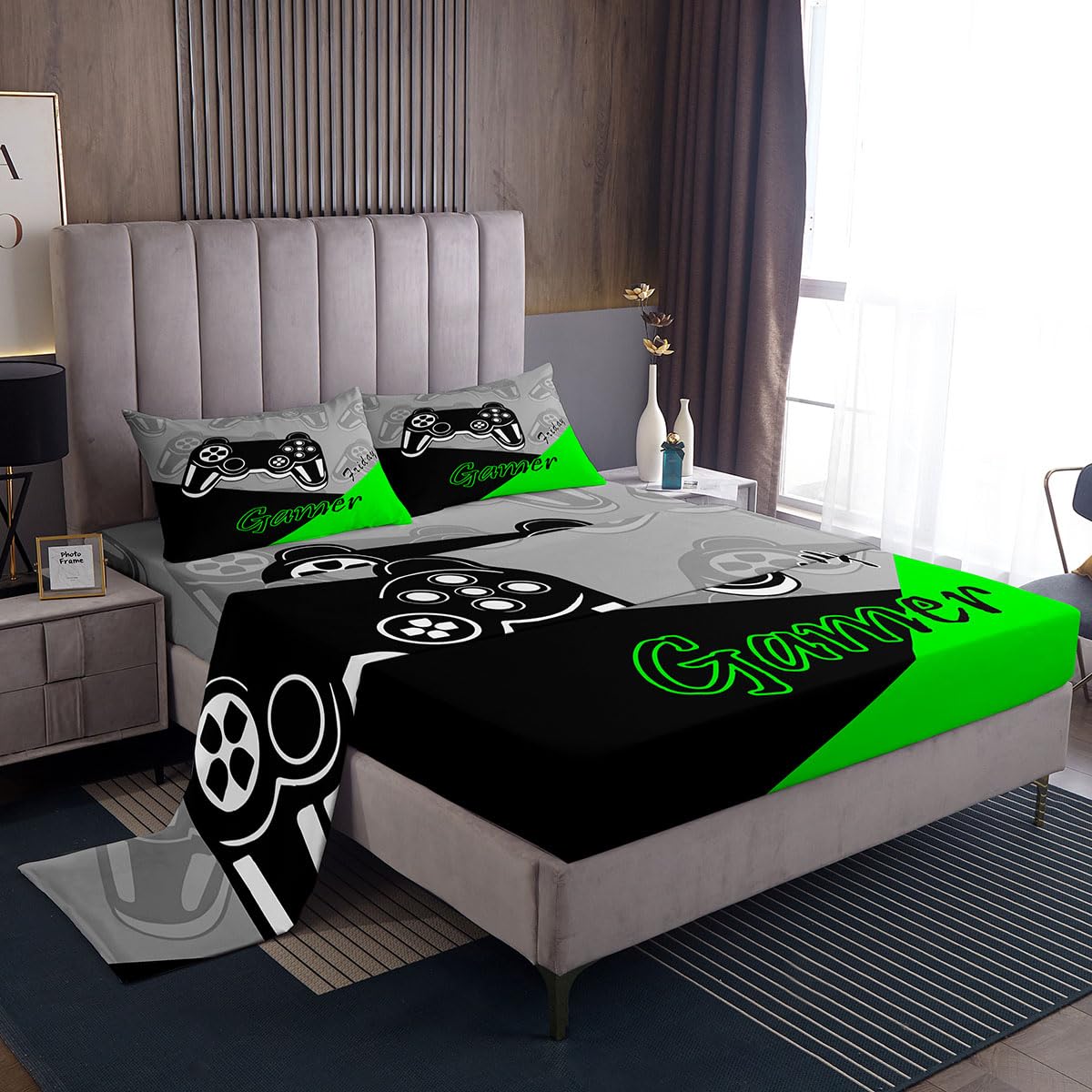 Feelyou Kids Gamer Bed Sheets Set Boys and Girls Gaming Bedding Set Video Game Controller Fitted Sheets 3Pcs