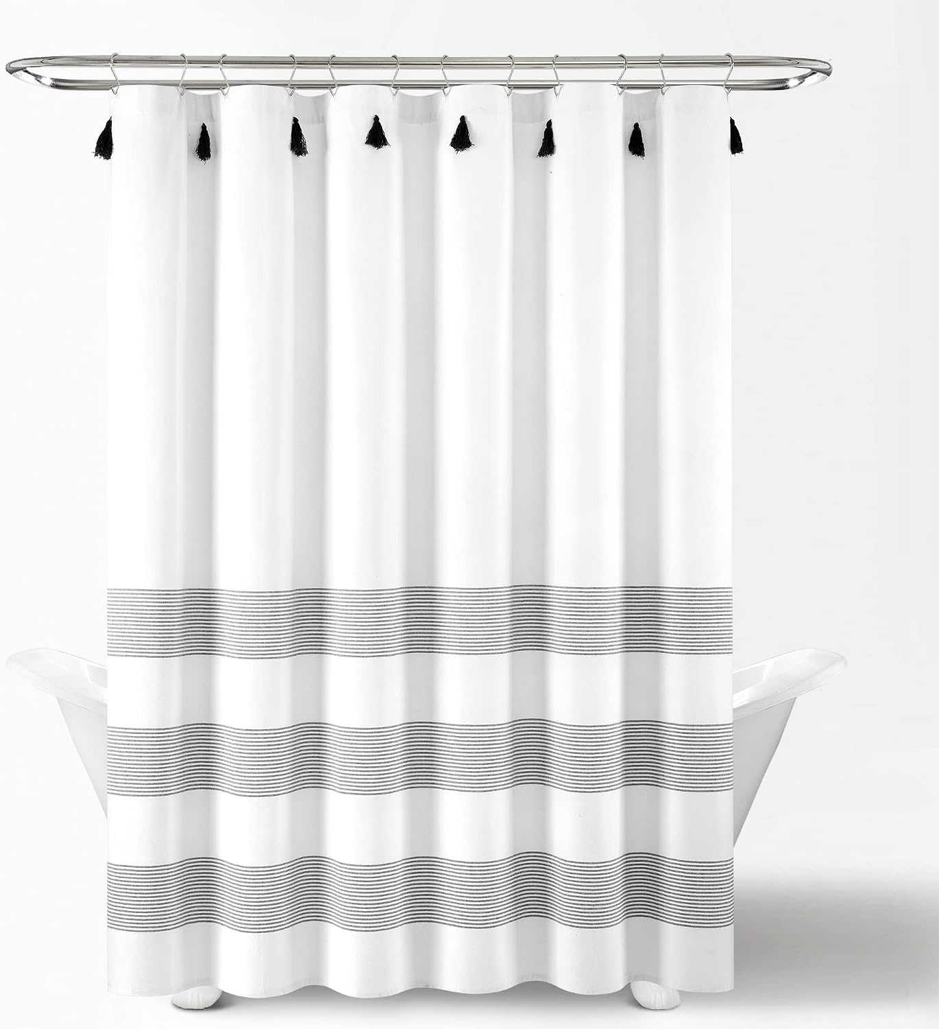 Lush Decor Boho Tassel Stripe Yarn Dyed Cotton Blend Shower Curtain Single 72" W x 72" L Black & White - Shower Curtains for Bathroom - Bathroom Curtain