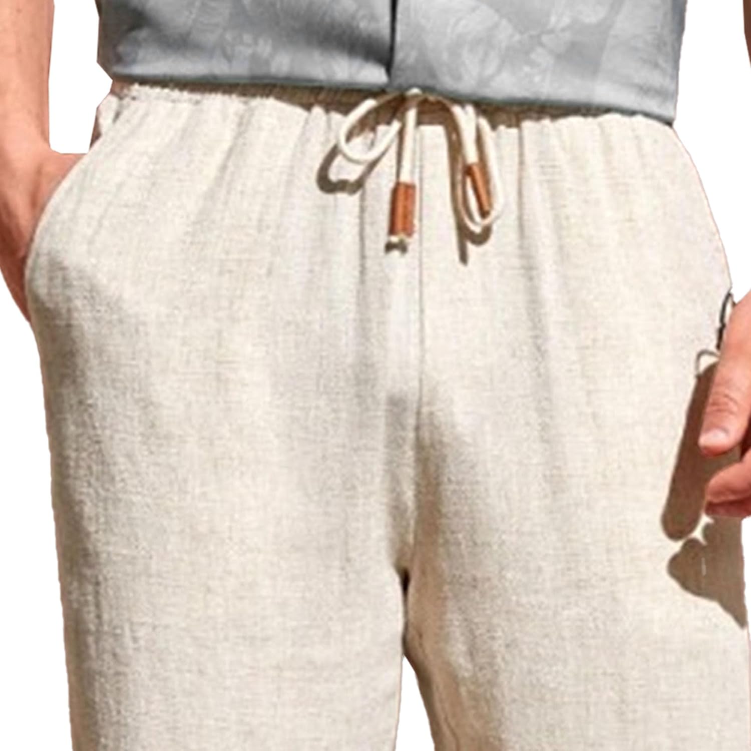 Men's Breathable Cotton Linen Causal Pants Lightweight Outdoot Beach Solid Pants Baggy Drawstring Trousers