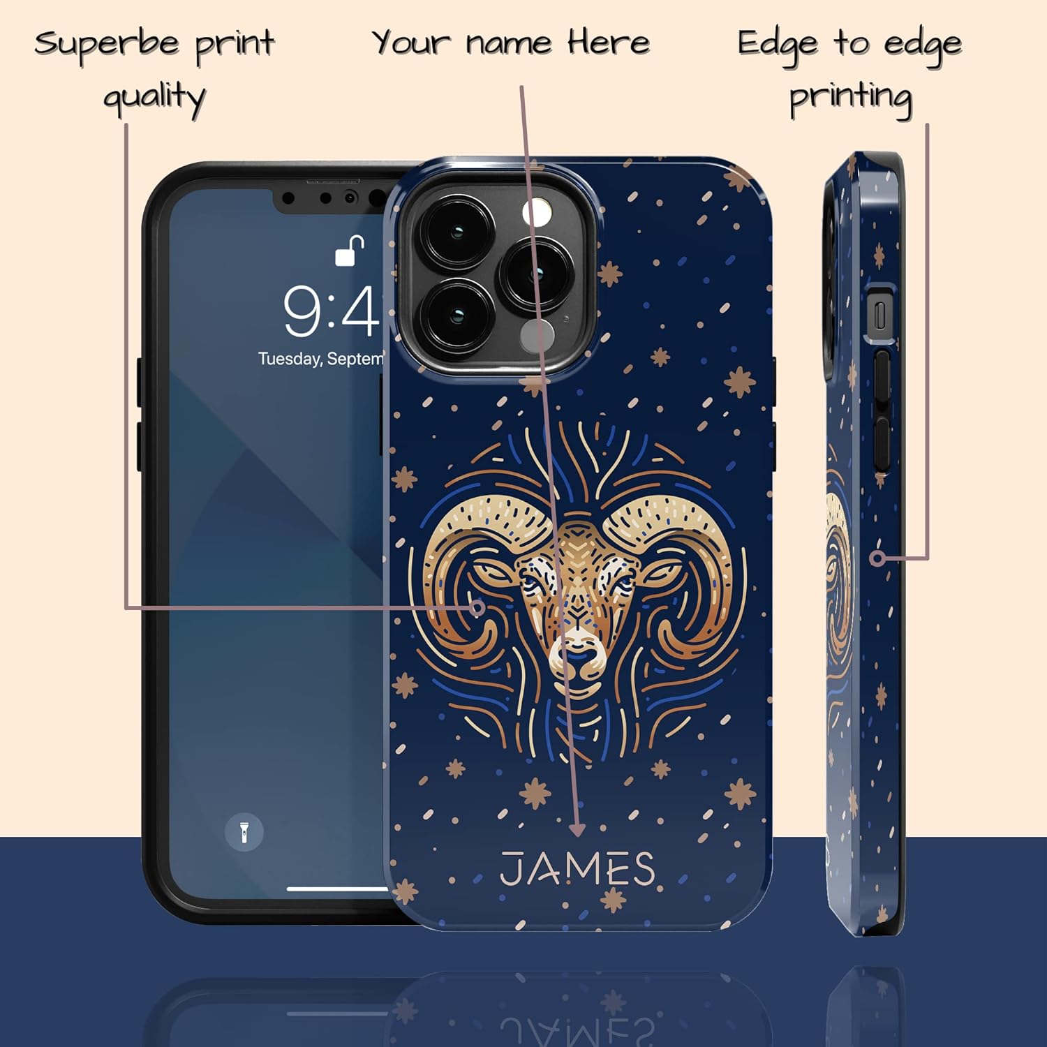 Custom Aries Zodiac Sign, Astrology Personalized Name Case, Compatible with iPhone 17 Air, 16 Pro Max, 15 Plus, 14, 13 Mini, 12, 11, X/XS Max, XR, 7/8