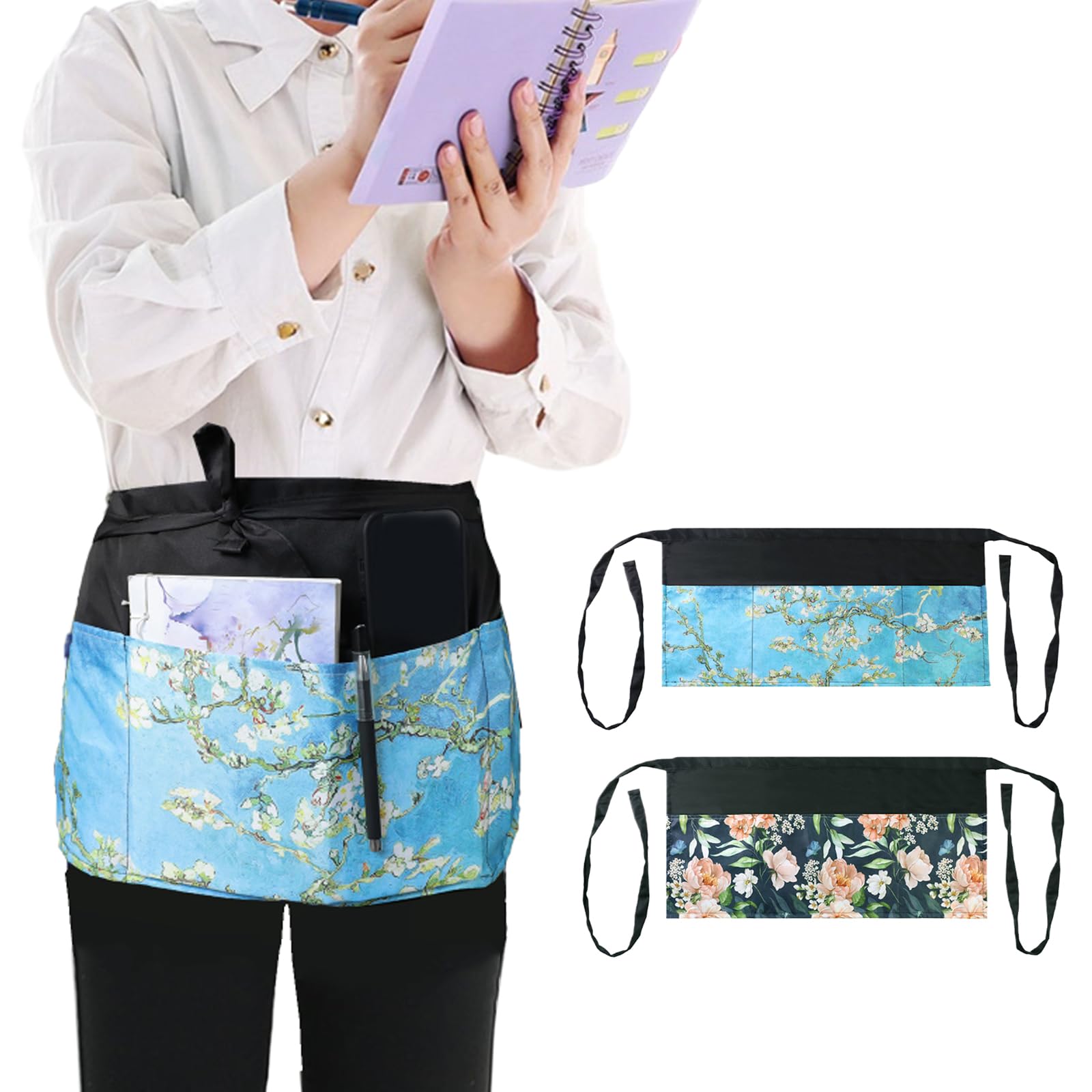 Oaygat Women's Black Plum Print Bistro Waist Waiter Waitress Half Apron Adjustable Pinny Florist Gardening And Cooking Apron Waterproof Tabard For With Pockets Universal Kitchen Work Baking Tabard With Long Strap