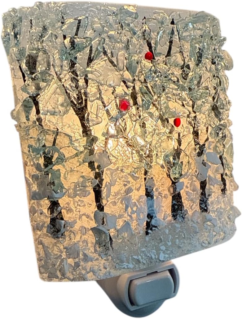 Winter Woods Cardinals in Snow Trees Recycled Glass Art Night Light Nightlight, Nitelite, Nite Lite